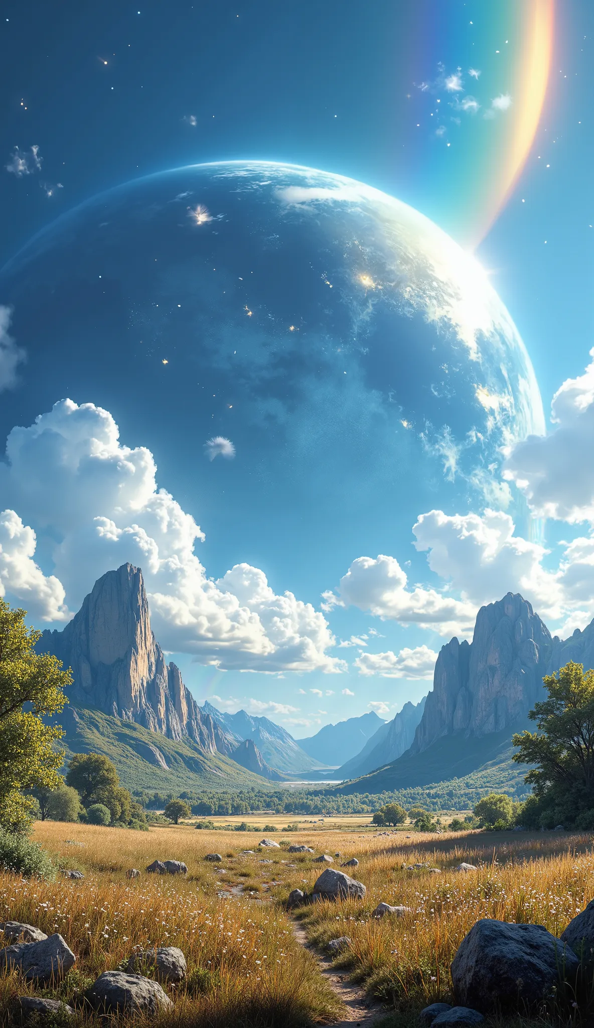 (( Astonishingly )),(masterpiece:1.2),超high resolution, Atención al detalle, High Quality, high resolution, 最High Quality, 4k, 8K、 very beautiful、landscape、landscape画、Infinite blue sky、A rainbow appears、There are a lot of ruins there 、dandelion fluff flyin...