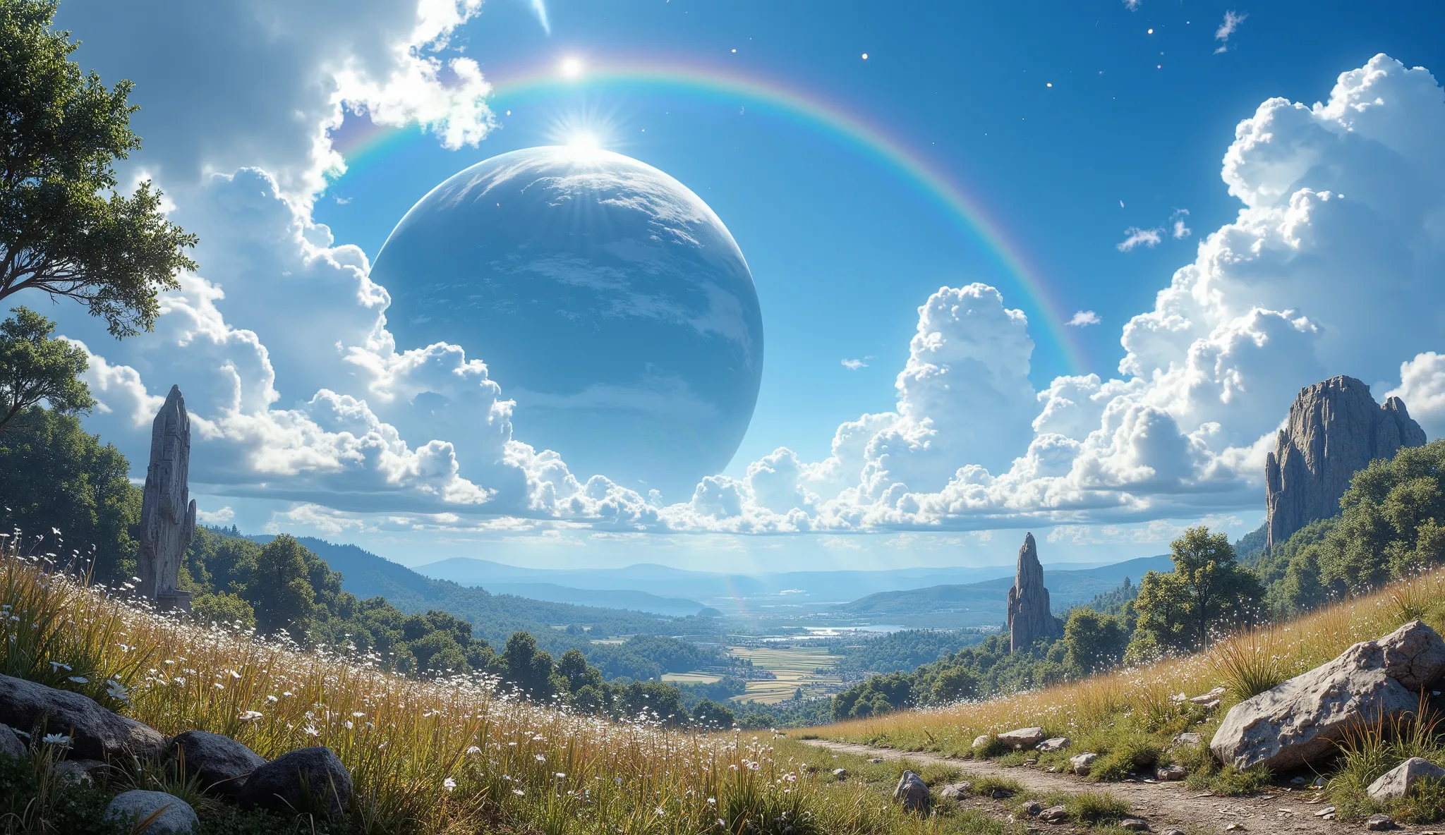 (( Astonishingly )),(masterpiece:1.2),超high resolution, Atención al detalle, High Quality, high resolution, 最High Quality, 4k, 8K、 very beautiful、landscape、landscape画、Infinite blue sky、A rainbow appears、There are a lot of ruins there 、dandelion fluff flyin...