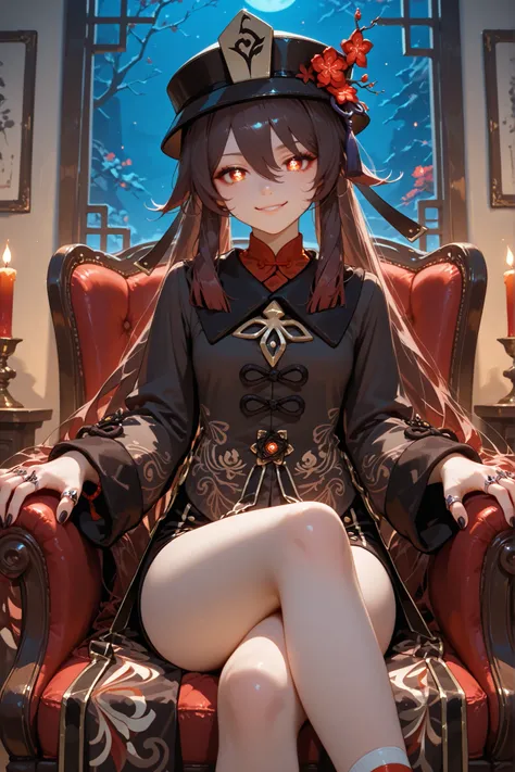 1girl, hu tao (genshin impact), hat flower, long sleeves, plum blossoms, flower-shaped pupils, twintails, red flower, symbol-shaped pupils, ring, black nails, flower, chinese clothes, jewelry, nail polish, hat, shorts, hair between eyes, multiple rings, ve...