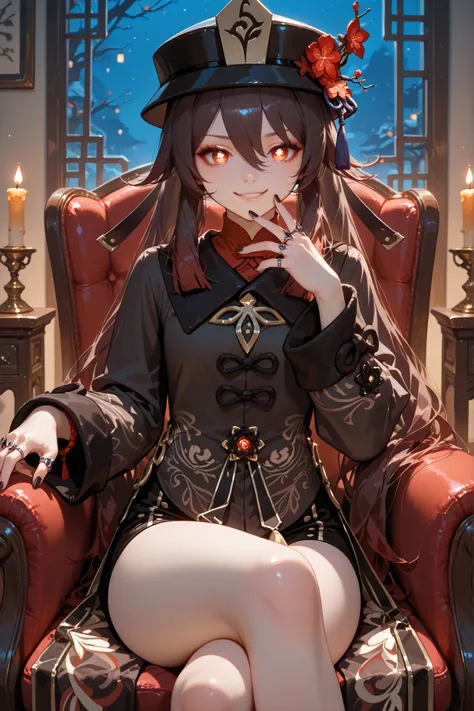 1girl, hu tao (genshin impact), hat flower, long sleeves, plum blossoms, flower-shaped pupils, twintails, red flower, symbol-shaped pupils, ring, black nails, flower, chinese clothes, jewelry, nail polish, hat, shorts, hair between eyes, multiple rings, ve...