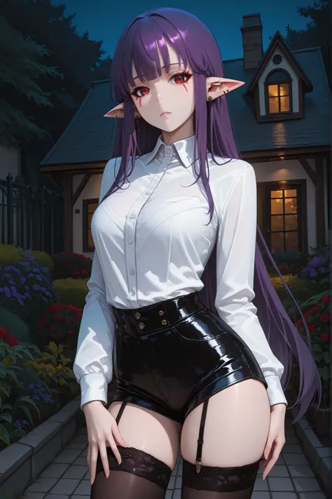 1girl, Esil Radiru, pointy ears, purple hair, long hair, red eyes, facial mark, bangs, earrings, white collared shirt, black short shorts, thigh high stockings, garters, standing, sexy pose, attractive, outdoors, front of house, night, garden, best quality...