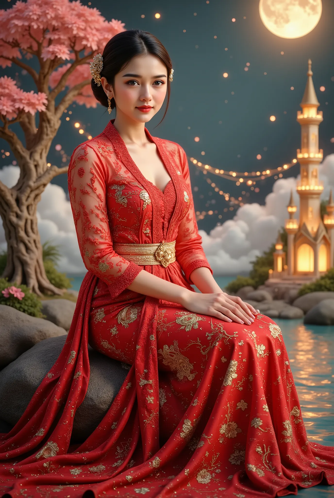 wearing red kebaya, (RAW photo, best quality), (realistic, photo-realistic:1.4), masterpiece, an extremely delicate and beautiful, extremely detailed, 2k wallpaper, Amazing, finely detail, extremely detailed CG unity 8k wallpaper, ultra-detailed, high reso...