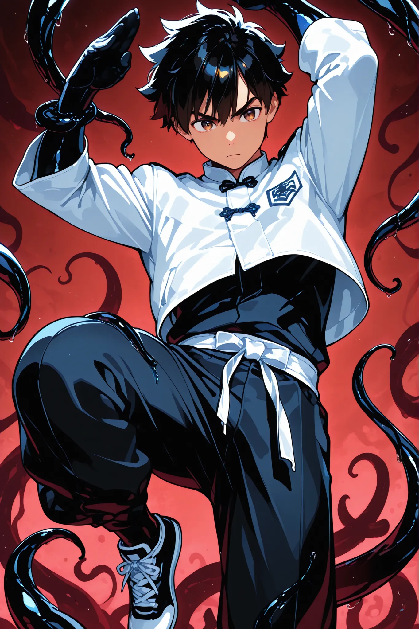 Male anime, a beautiful boy, , black hair, brown eyes, Kung Fu , white jacket, ponk-like pants, tentacles that looks like a Marvel symbiote,