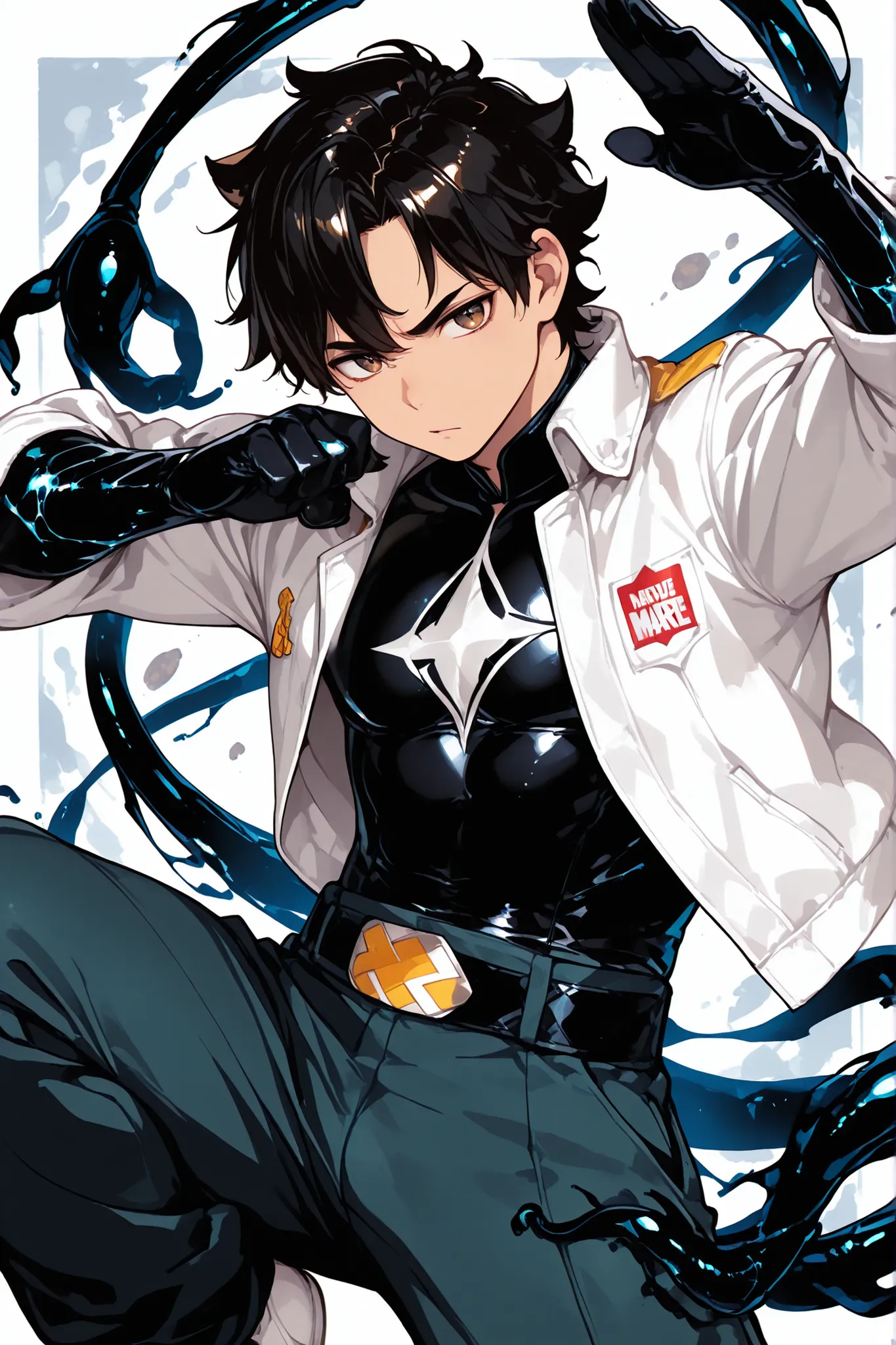 Male anime, a beautiful boy, , black hair, brown eyes, Kung Fu , white jacket, ponk-like pants, tentacles that looks like a Marvel symbiote, 