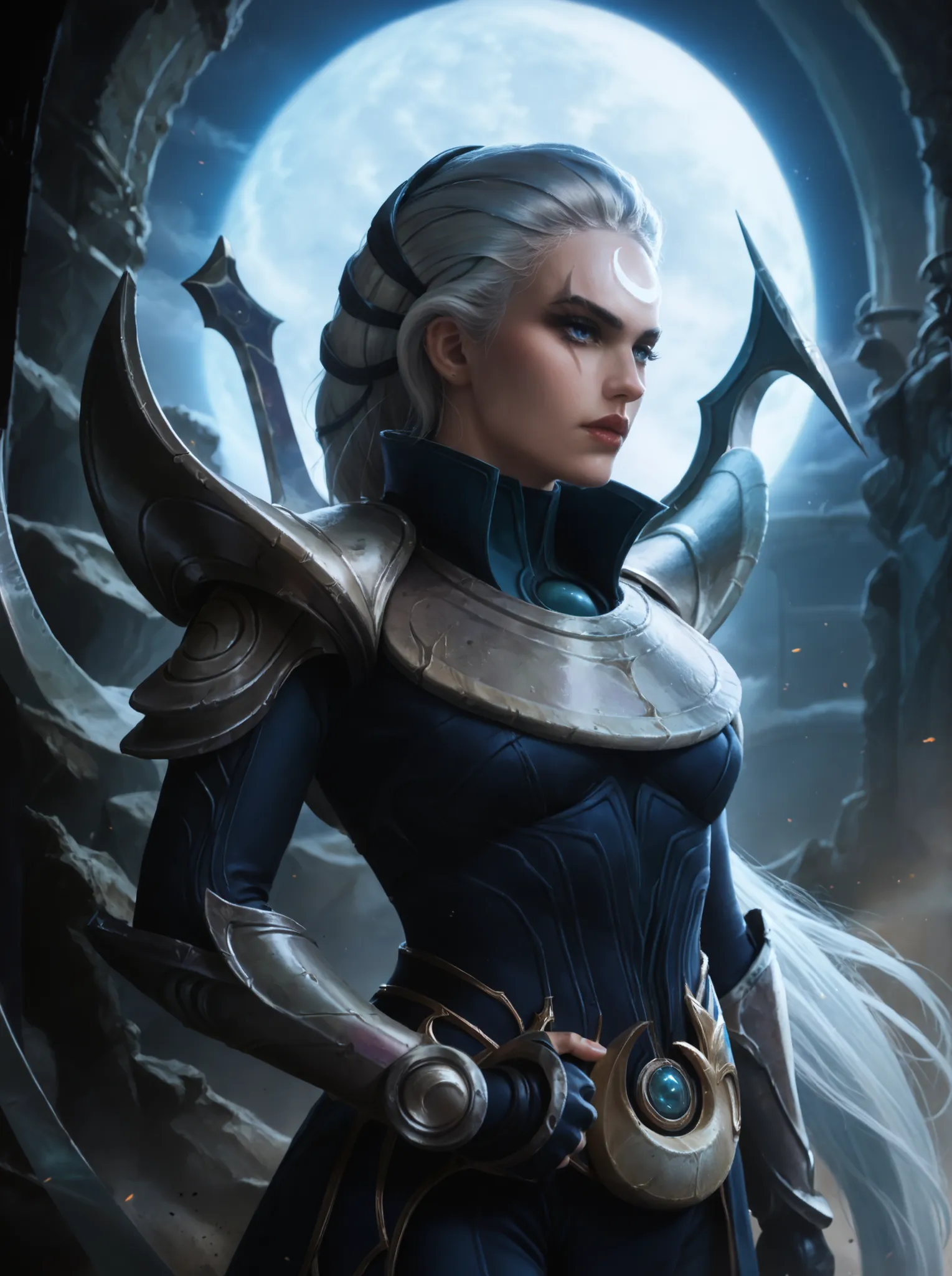 Diana from League of Legends, standing in a moonlit battlefield, long silver hair flowing, piercing pale blue eyes, wearing dark armor with silver crescent moon motifs, holding her (large), (curved crescent) blade, dramatic backlighting from a full moon, s...