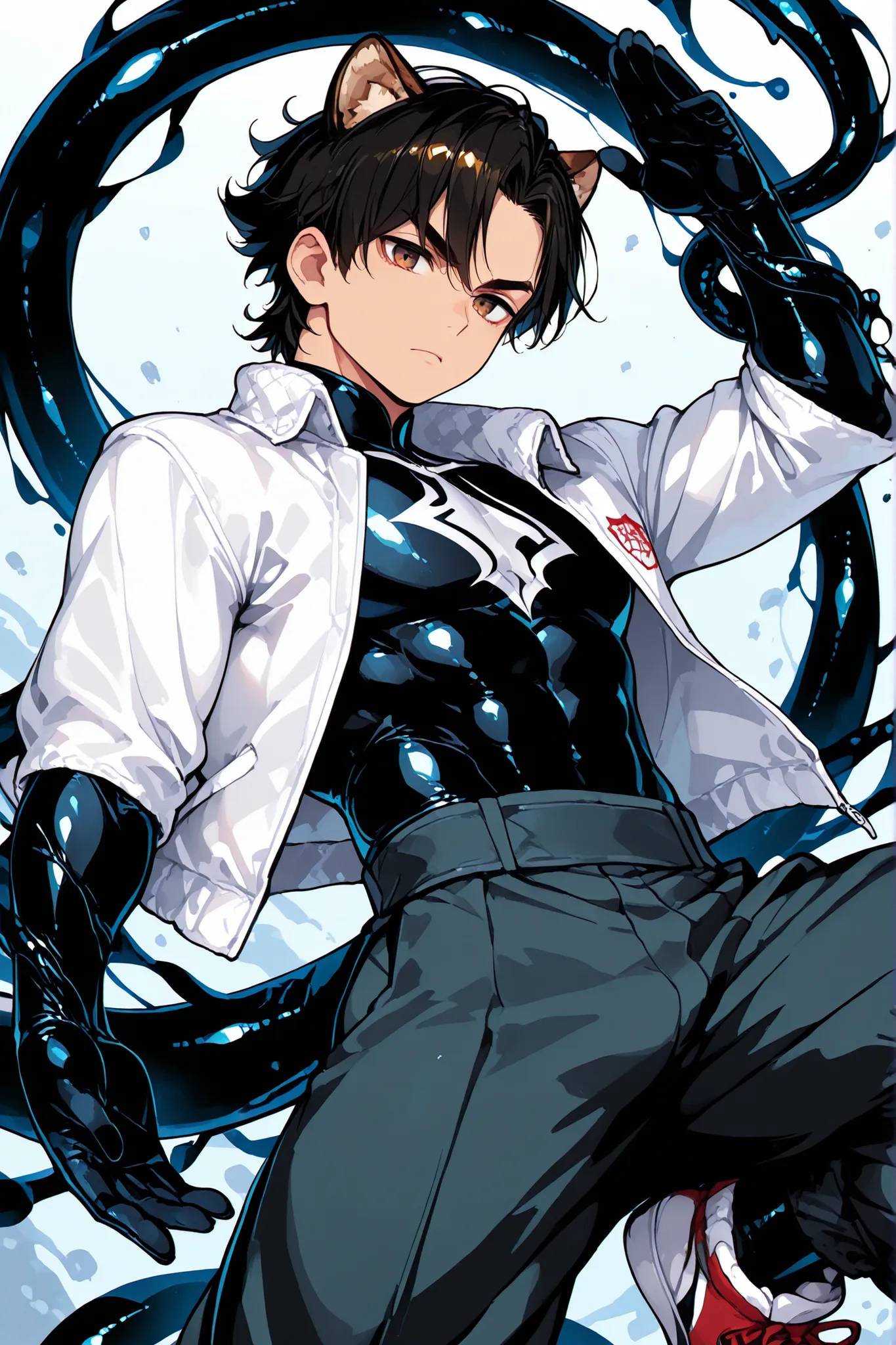 Male anime, a beautiful boy, , black hair, brown eyes, Kung Fu , white jacket, ponk-like pants, tentacles that looks like a Marvel symbiote, 