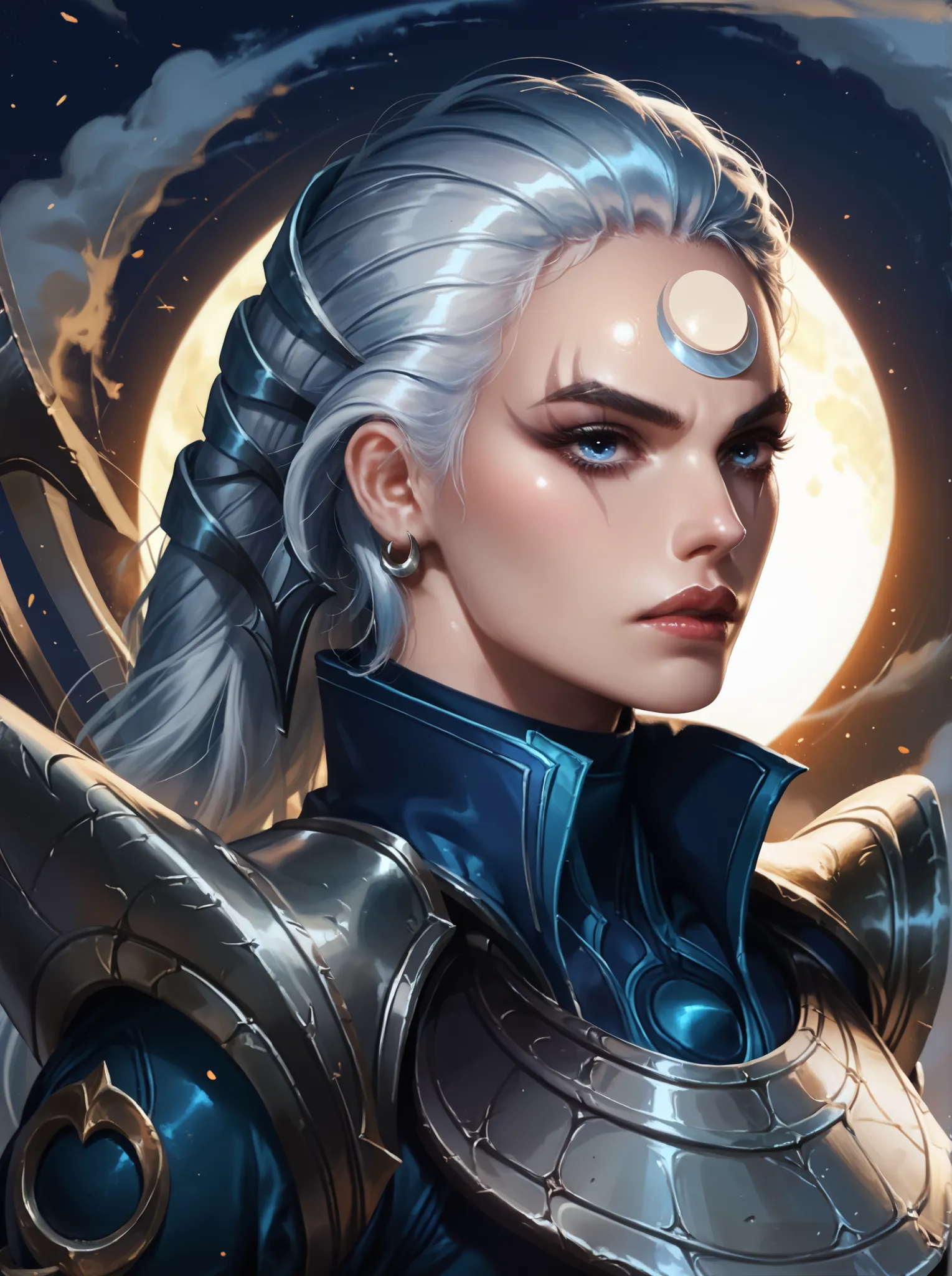 Diana from League of Legends, standing in a moonlit battlefield, long silver hair flowing, piercing pale blue eyes, wearing dark armor with silver crescent moon motifs, holding her (large), (curved crescent) blade, dramatic backlighting from a full moon, s...