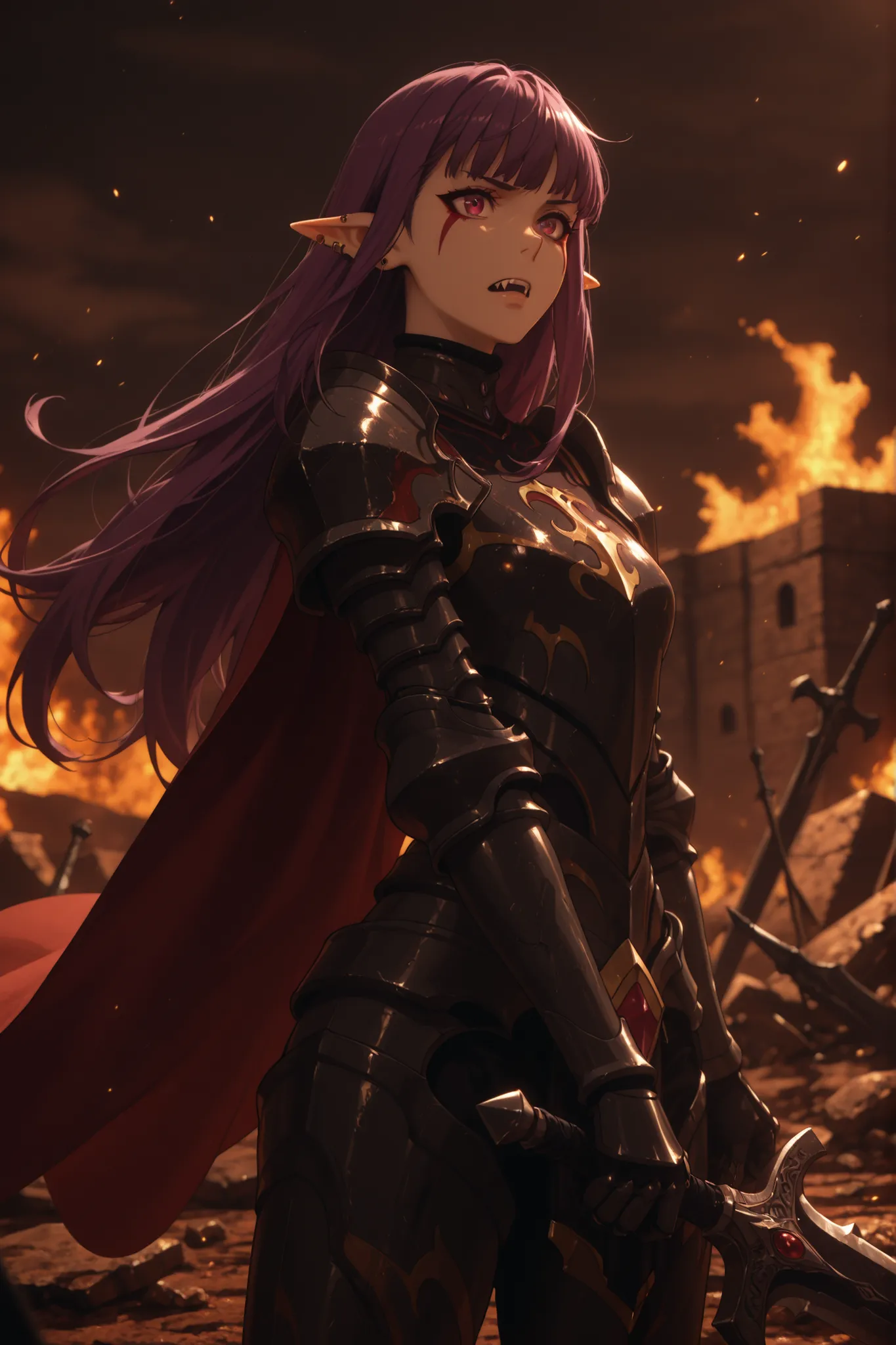 1girl, Esil Radiru, pointy ears, solo, purple hair, jewelry, earrings, armor,long hair,ear piercing, facial tattoo, teeth, facial mark, red eyes, bangs, shoulder armor, piercing, fangs, purple eyes,elf,cape, red cape, standing, serious expression, battlefi...