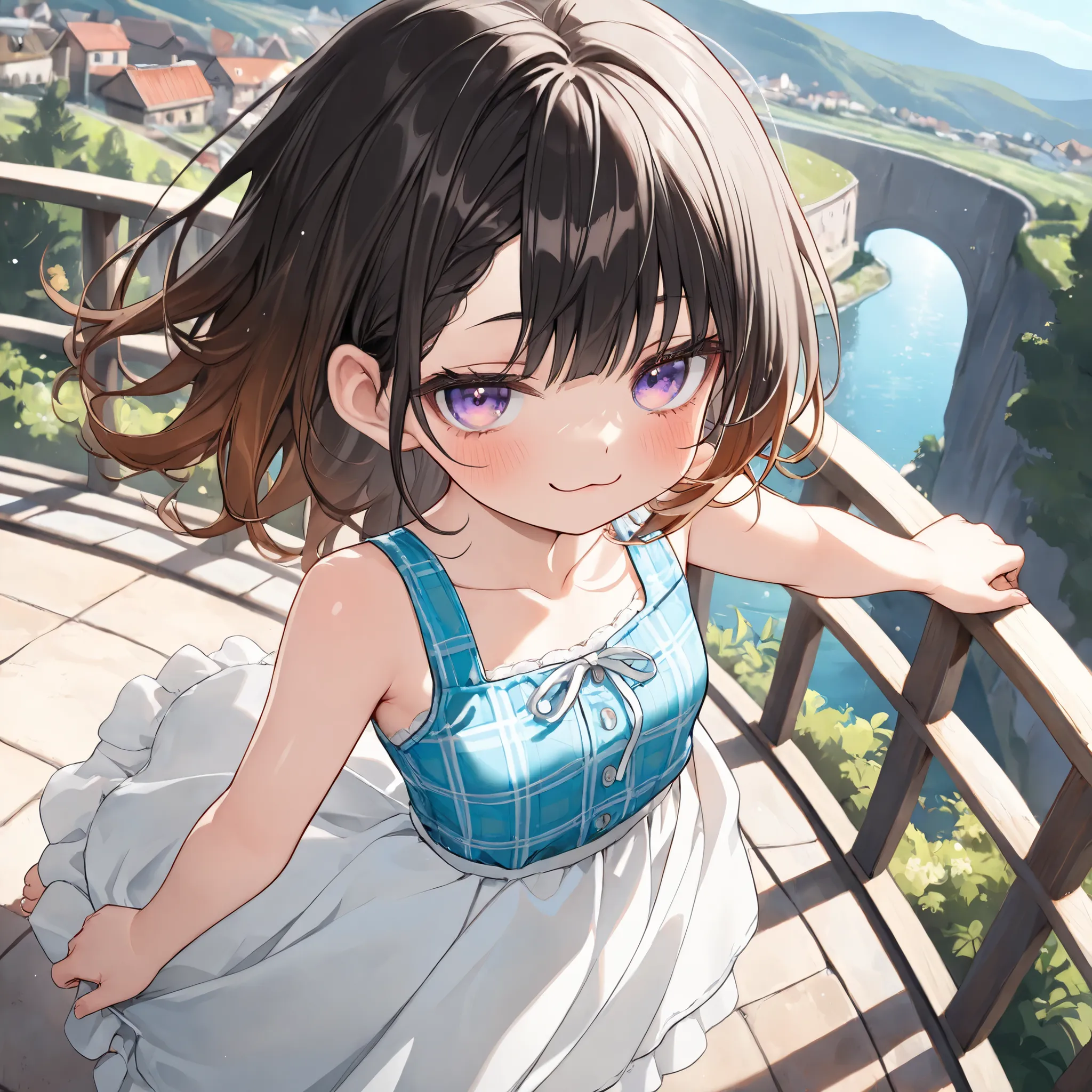 ((Masterpiece)), ((best quality, very aesthetic, absurdres, newest)), (from side, from above, wide shot), (8K), (cinematic lighting), ((1girl)), (cute young girl), (Healthy body, Textured skin, small breast, tilt head), Glossy hair, (Asymmetrical bangs, lo...