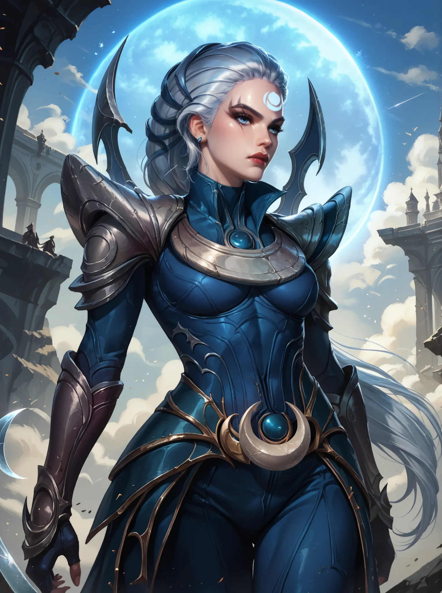 Diana from League of Legends, standing in a moonlit battlefield, long silver hair flowing, piercing pale blue eyes, wearing dark armor with silver crescent moon motifs, holding her (large), (curved crescent) blade, dramatic backlighting from a full moon, s...