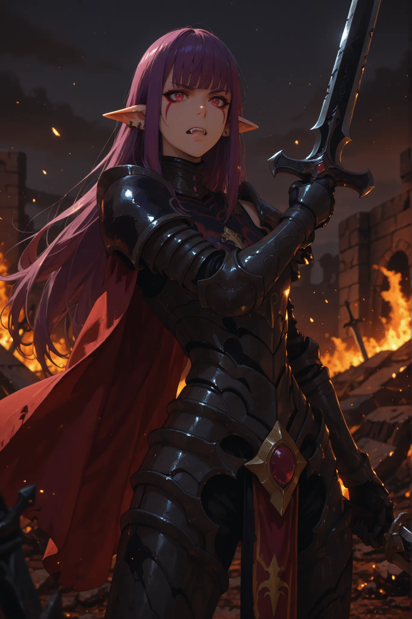 1girl, Esil Radiru, pointy ears, solo, purple hair, jewelry, earrings, armor,long hair,ear piercing, facial tattoo, teeth, facial mark, red eyes, bangs, shoulder armor, piercing, fangs, purple eyes,elf,cape, red cape, standing, serious expression, battlefi...
