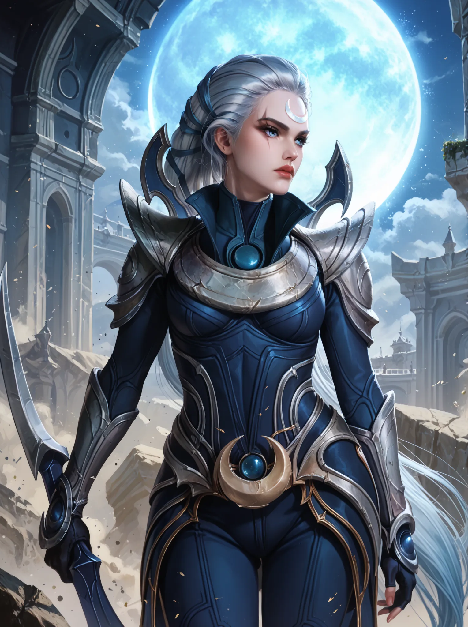 Diana from League of Legends, standing in a moonlit battlefield, long silver hair flowing, piercing pale blue eyes, wearing dark armor with silver crescent moon motifs, holding her (large), (curved crescent) blade, dramatic backlighting from a full moon, s...