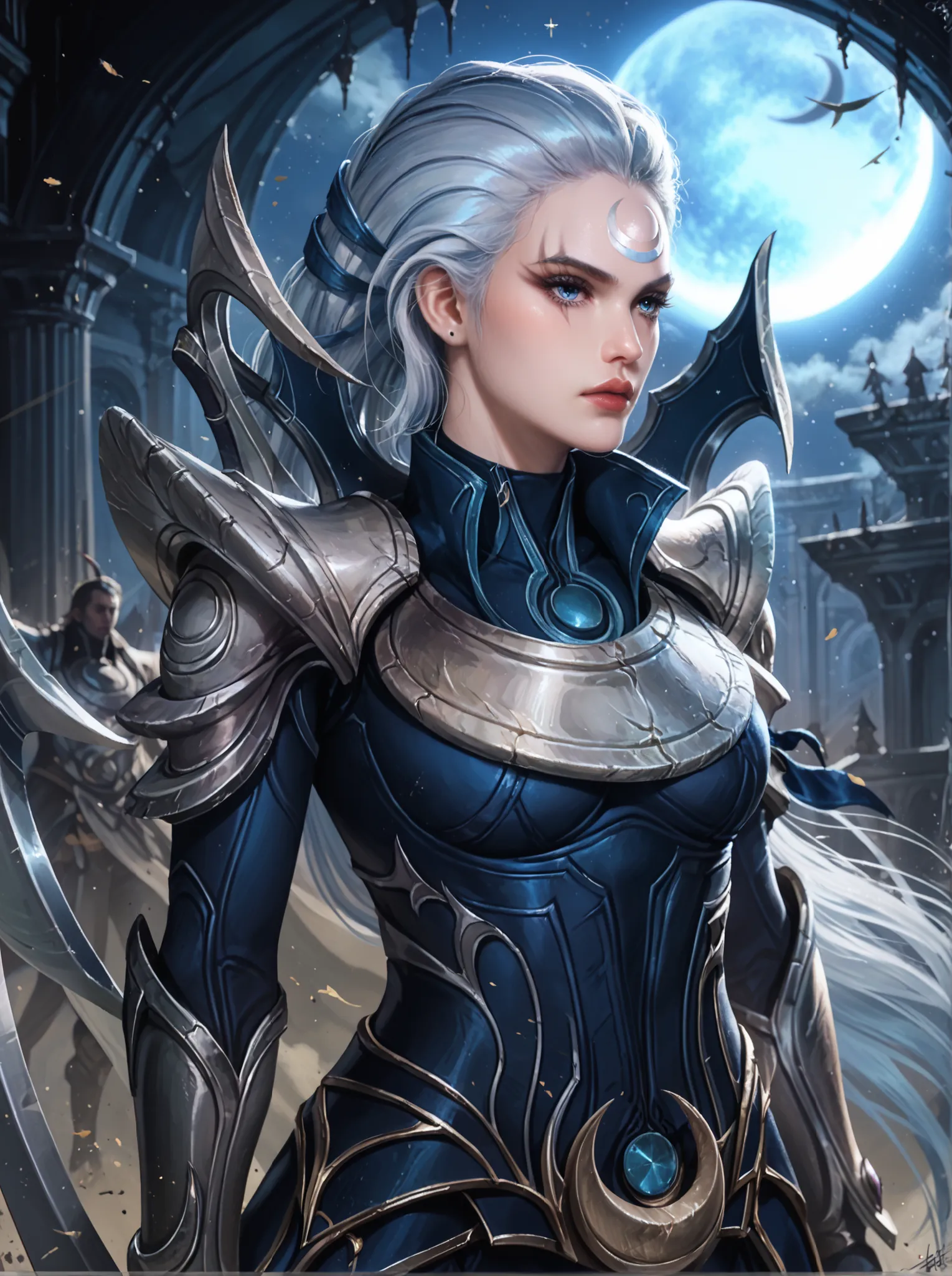 Diana from League of Legends, standing in a moonlit battlefield, long silver hair flowing, piercing pale blue eyes, wearing dark armor with silver crescent moon motifs, holding her (large), (curved crescent) blade, dramatic backlighting from a full moon, s...