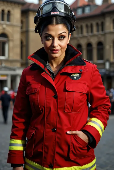 Full body photo of SEXY 50YO MATURE MILF AISHWARYA RAI as MILF FIRE FIGHTER, (((HEAVY SMOKY EYES WITH FALSE EYELASHES))), ((FLIRTATIOUS SARDONIC MOCKING STARE)), (((UNZIPPED RED FIRE FIGHTER UNIFORM AND SAFETY HELMET))), ((BUN TIED HAIR)), (((POSING IN FR...