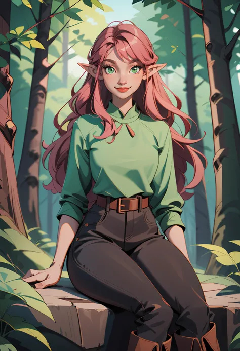 th3t4styl3, 1girl, lips,pointy ears, green eyes, solo, sitting, brown footwear, pink hair, boots, looking at viewer, pants, smile, outdoors, elf, long hair, tree, belt, black pants, forest, shirt, nature, cowboy shot,knee boots, closed mouth, long sleeves