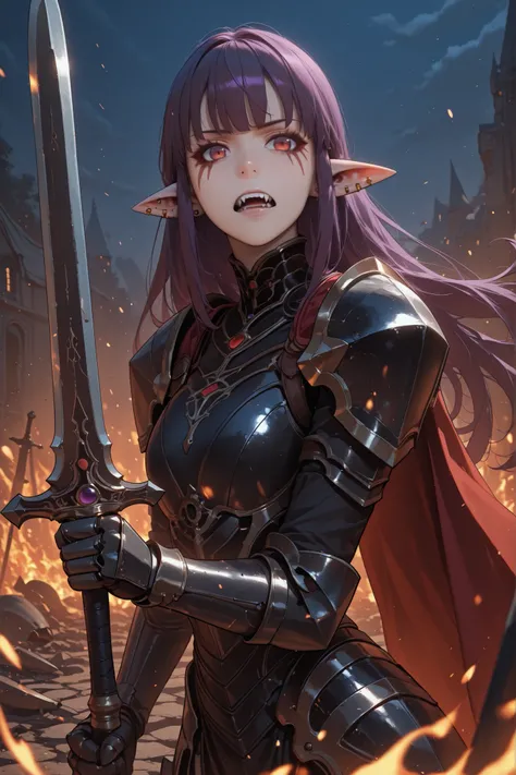 1girl, Esil Radiru, pointy ears, solo, purple hair, jewelry, earrings, armor,long hair,ear piercing, facial tattoo, teeth, facial mark, red eyes, bangs, shoulder armor, piercing, fangs, purple eyes,elf,cape, red cape, standing, serious expression, battlefi...