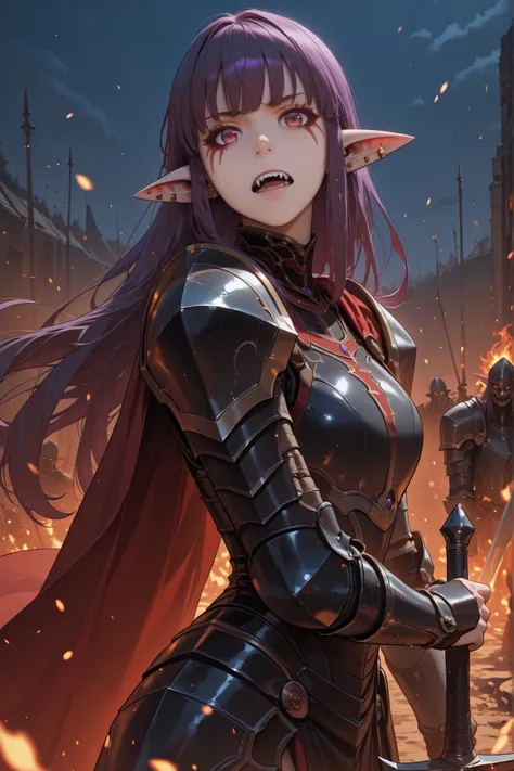 1girl, Esil Radiru, pointy ears, solo, purple hair, jewelry, earrings, armor,long hair,ear piercing, facial tattoo, teeth, facial mark, red eyes, bangs, shoulder armor, piercing, fangs, purple eyes,elf,cape, red cape, standing, serious expression, battlefi...