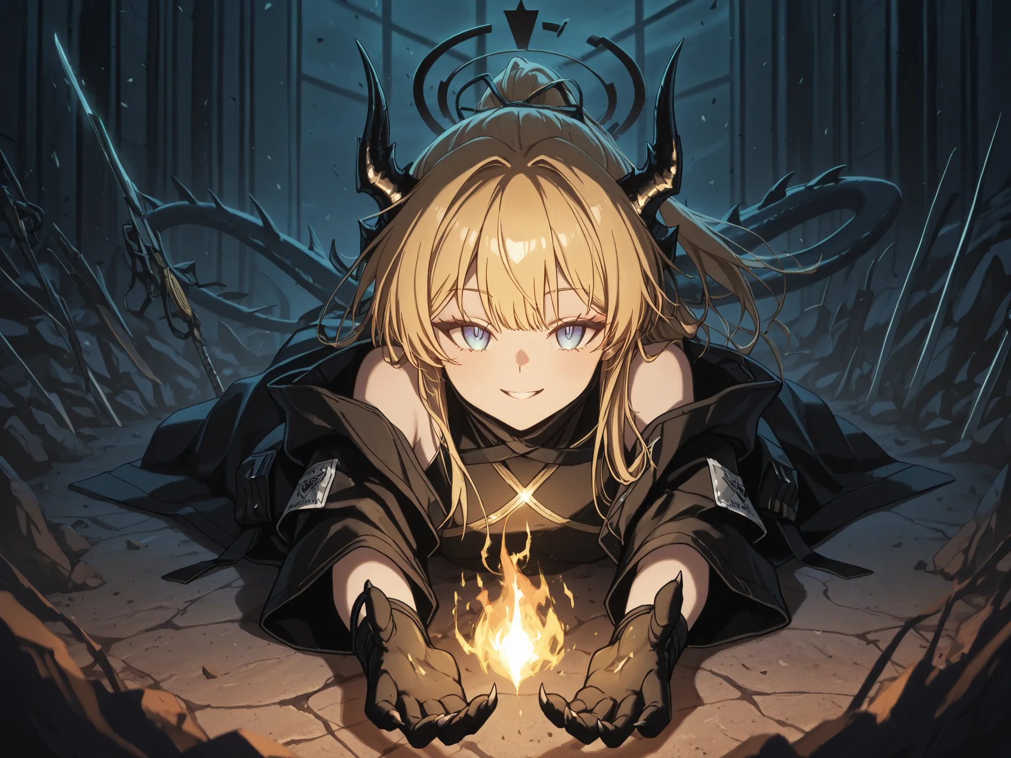 Sozinho, 1 menino, jovem, male character, physicist Lloyd De Saloum of "Tensei Shitara Dai Nana Ouji Dattanode", male character;

blond hair, o cabelos de Reed The Flame Shadow de "Arknights", Hair tied with ponytails, Long FRINGE, long black horns from Re...