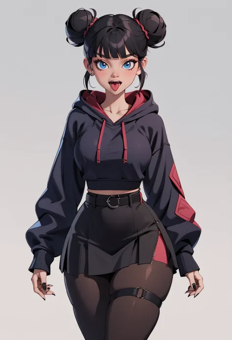 th3t4styl3, 1girl, solo, tongue, hair bun, double bun, black hair, blue eyes, hood, tongue out, white background, open mouth, looking at viewer, simple background, black nails, hoodie, thigh strap, pantyhose, breasts, skirt, blunt bangs, long sleeves, skin...