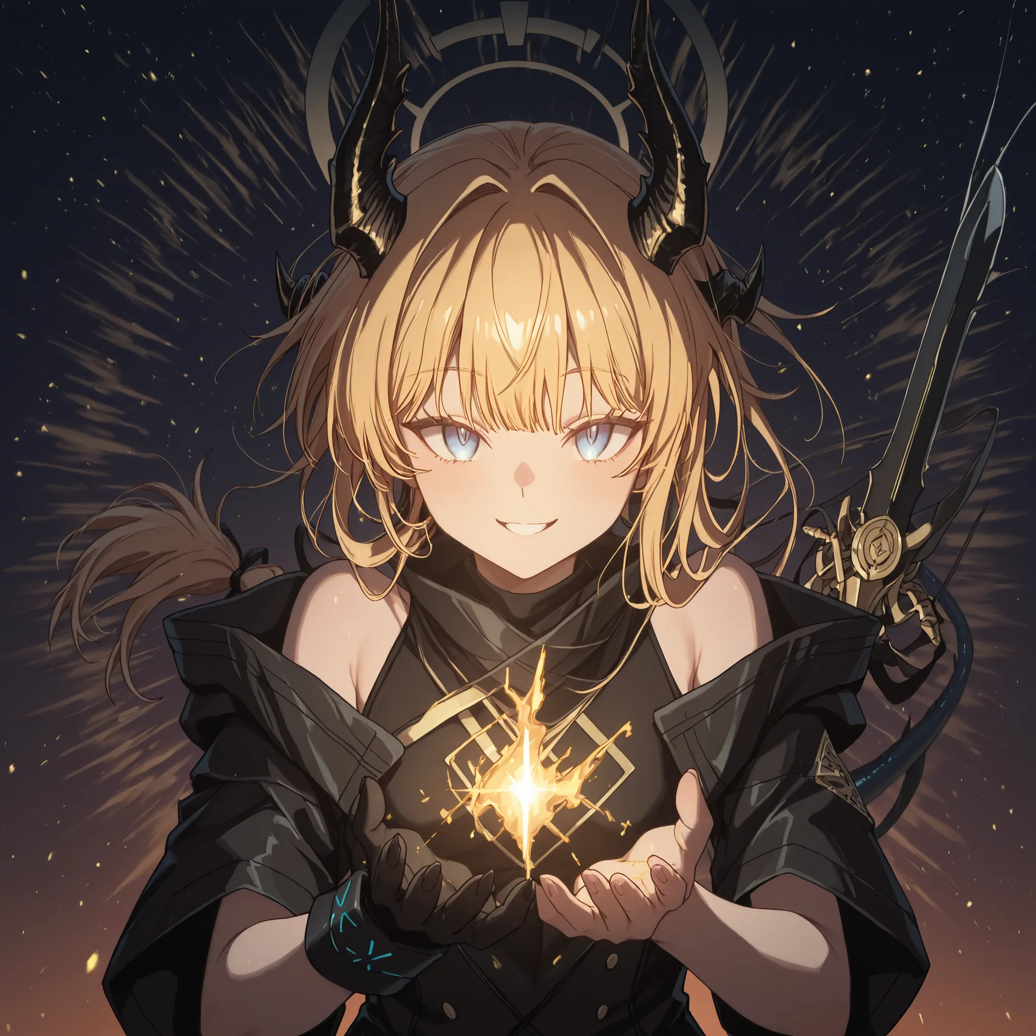 Sozinho, 1 menino, jovem, male character, physicist Lloyd De Saloum of "Tensei Shitara Dai Nana Ouji Dattanode", male character;

blond hair, o cabelos de Reed The Flame Shadow de "Arknights", Hair tied with ponytails, Long FRINGE, long black horns from Re...