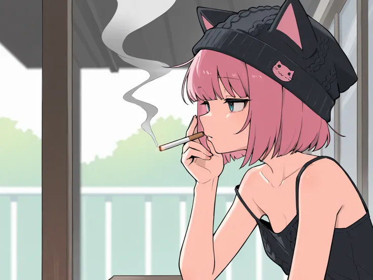 one girl。pink bob hair、Black cat ear knit cap、eyes are black and pink odd-eyes。holding cigarettes。 cigarette smoke。vertebrae。Black Camisole。Smoking on the veranda of a condominium。profile。has an unnued atmosphere。looks sleepy。