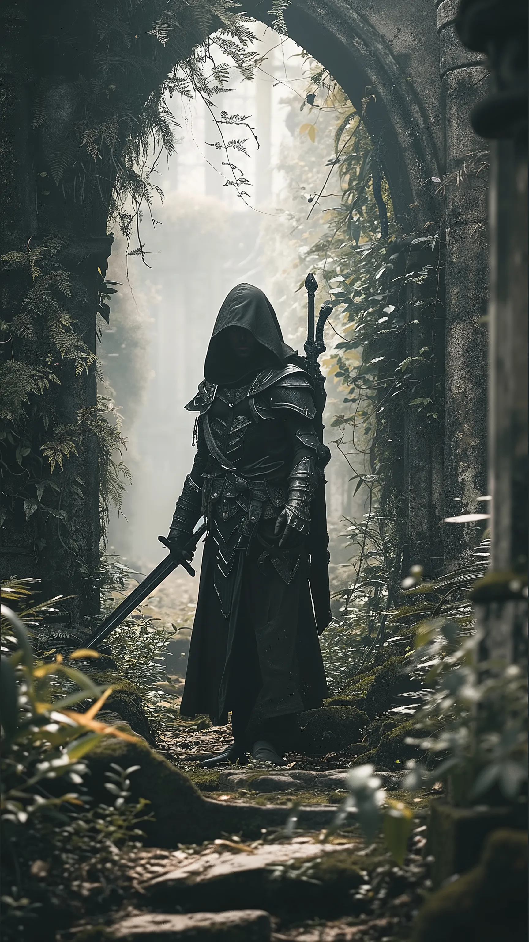 The photo shows a figure in dark armor and hood holding a sword and walking through an ancient stone corridor surrounded by vegetation. The photo has a misty atmosphere that adds to the mystery and mysticism of the setting, --v 6.0 --ar 9:16, beautiful det...