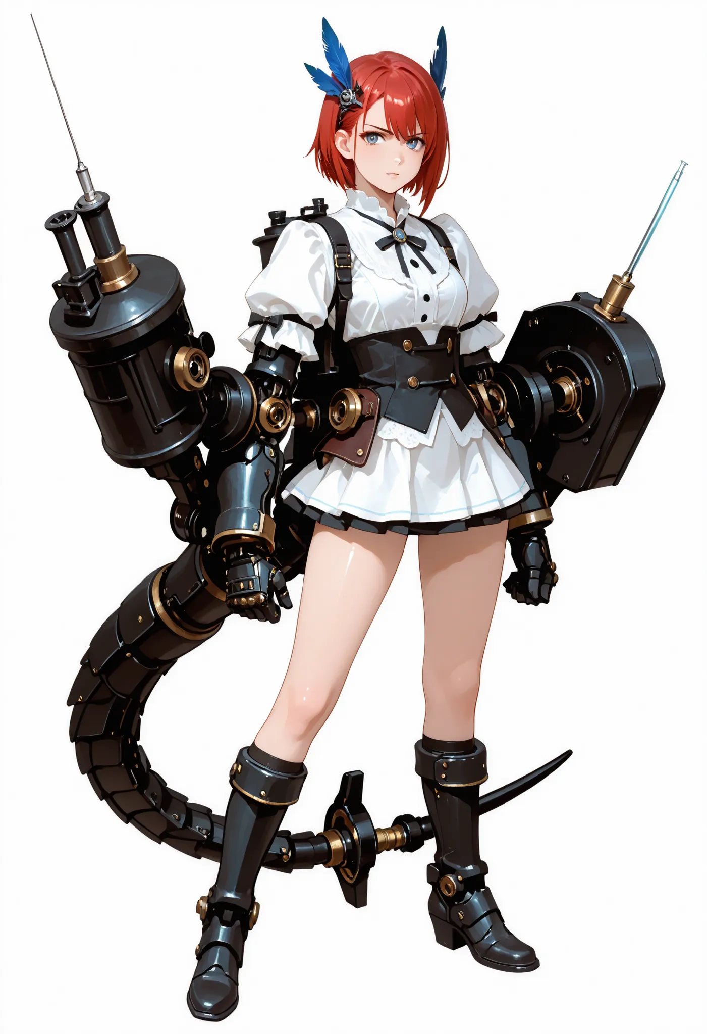A girl with big arms. Short hair. Red hair. Blue feather hair ornament. White blouse. Miniskirt. Mechanical arms. Gauntlet with alchemy syringe. Piston engine on tube. Battleship gauntlet. Mechanical boots. Mechanical tail.