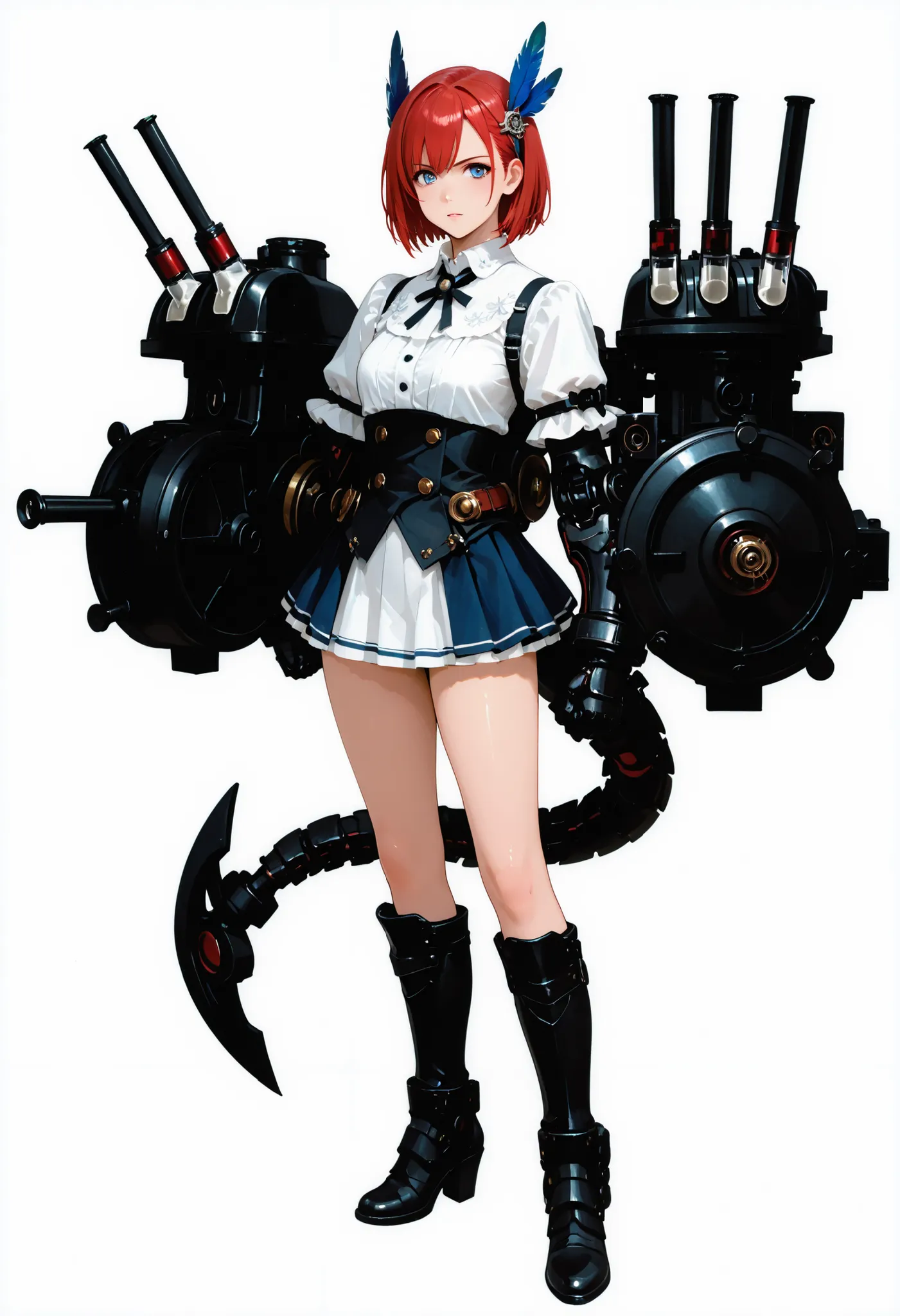 A girl with big arms. Short hair. Red hair. Blue feather hair ornament. White blouse. Miniskirt. Mechanical arms. Gauntlet with alchemy syringe. Piston engine on tube. Battleship gauntlet. Mechanical boots. Mechanical tail.