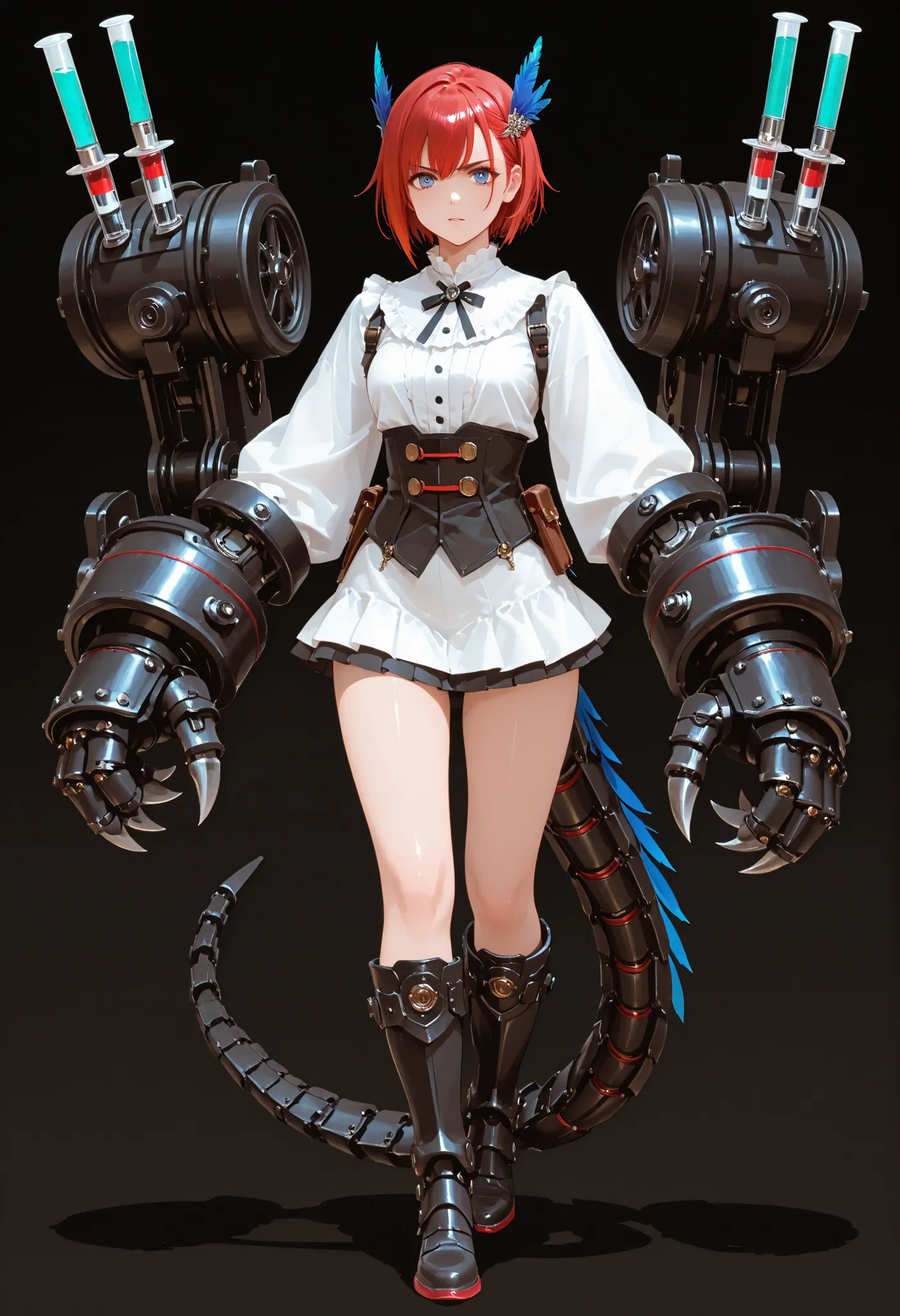 A girl with big arms. Short hair. Red hair. Blue feather hair ornament. White blouse. Miniskirt. Mechanical arms. Large arm gauntlets. Sharp claws. Gauntlet with alchemy syringe. Piston engine on tube. Battleship gauntlet. Mechanical boots. Mechanical tail...