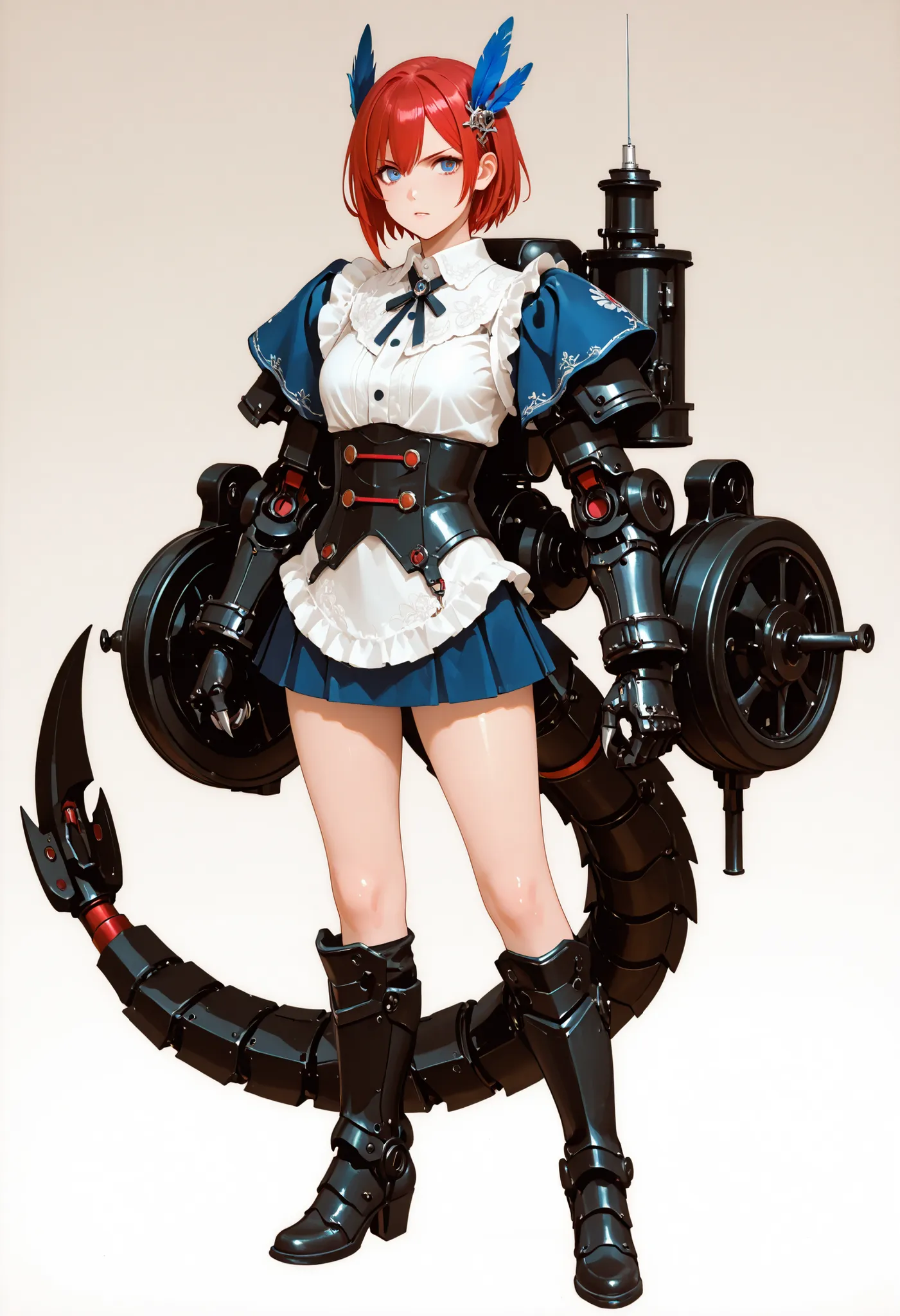 A girl with big arms. Short hair. Red hair. Blue feather hair ornament. White blouse. Miniskirt. Mechanical arms. Large arm gauntlets. Sharp claws. Gauntlet with alchemy syringe. Piston engine on tube. Battleship gauntlet. Mechanical boots. Mechanical tail...