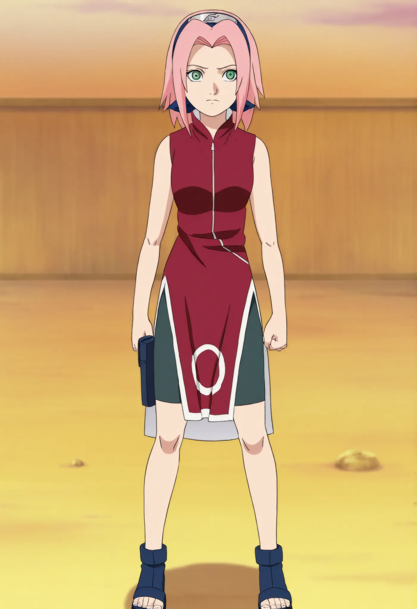 source anime,anime screencap,anime coloring,masterpiece,best quality,Sakura haruno, 1girl, solo, pink hair, short hair, green eyes,,"Red sleeveless Chinese qipao with white trim and symbol, black shorts, black open-toe ninja sandals.", standing,,masterpiec...