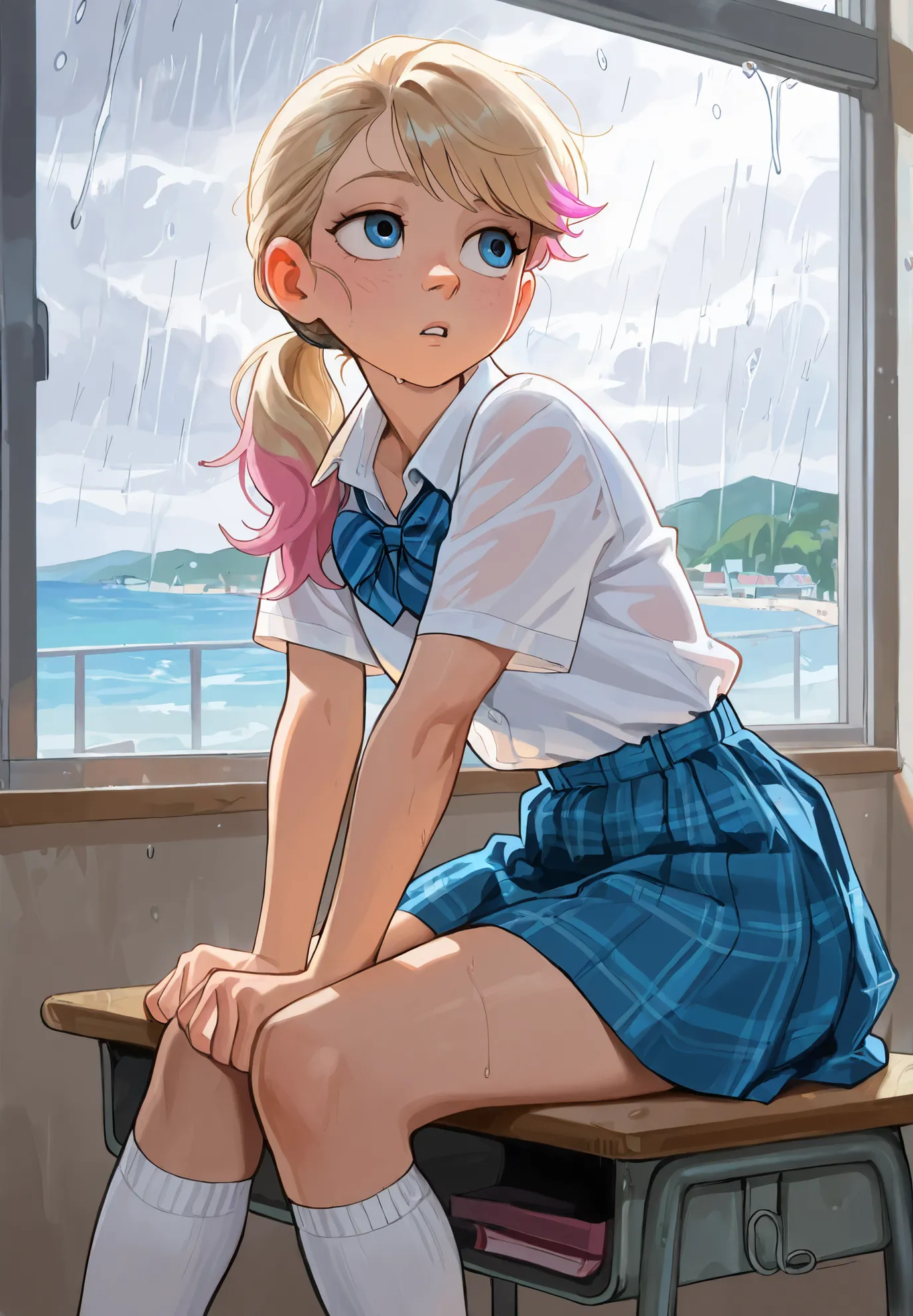 1girl, solo, Riley Andersen, Inside Out, blonde ponytail hair with pink highlights, schoolgirl outfit, knee socks, sitting on a desk, classroom, rainy day, seaside town, sexy pose, alluring atmosphere,beautiful lighting and shadows,masterpiece,top quality,...
