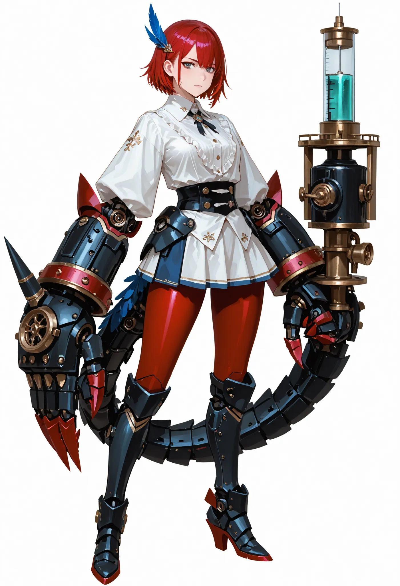 A girl with big arms. Short hair. Red hair. Blue feather hair ornament. White blouse. Miniskirt. Mechanical arms. Large arm gauntlets. Sharp claws. Gauntlet with alchemy syringe. Piston engine on tube. Battleship gauntlet. Mechanical boots. Mechanical tail...