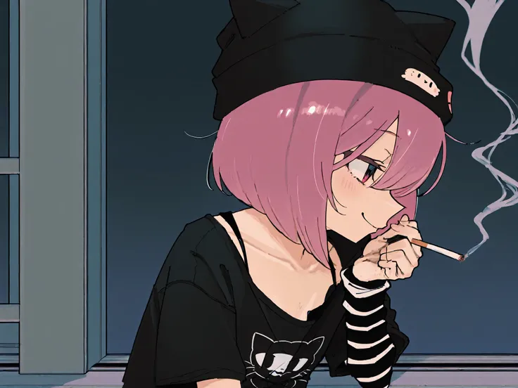 one girl。pink bob hair、Black cat ear knit cap、eyes are black and pink odd-eyes。holding cigarettes。 cigarette smoke。white and black striped arm cover、smile。vertebrae。black t-shirt on a black camisole、Smoking on the veranda of a condominium。profile。has an un...