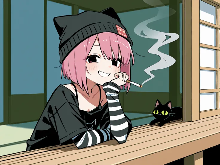 one girl。pink bob hair、Black cat ear knit cap、eyes are black and pink odd-eyes。Laughing laughter。 cigarette smoke。white and black striped arm cover、smile。vertebrae。black t-shirt on a black camisole、Smoking on the veranda of a condominium。