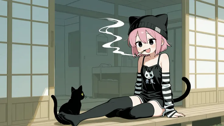 one girl。pink bob hair、Black cat ear knit cap、eyes are black and pink odd-eyes。Laughing laughter。 cigarette smoke。white and black striped arm cover、smile。vertebrae。A fuka-buka black t-shirt over a black camisole、 morning glow、smoking on the apartment veran...