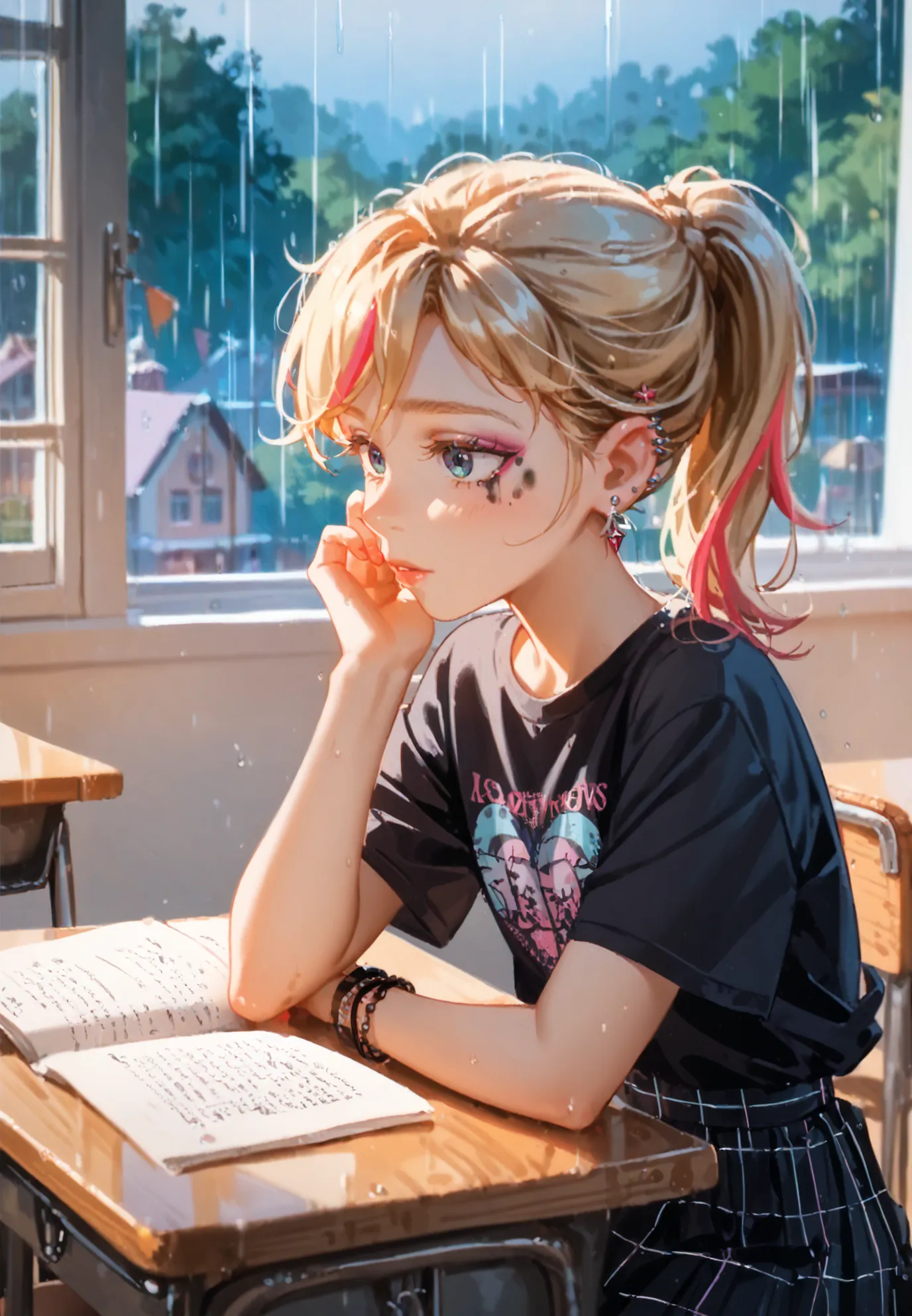 1girl, solo, Riley Andersen, Inside Out, blonde ponytail hair with pink highlights, black t-shirt, black skirt,black fishnet stockings, goth makeup, piercings, sitting on a desk, classroom, rainy day, seaside town, sexy pose, alluring atmosphere,beautiful ...