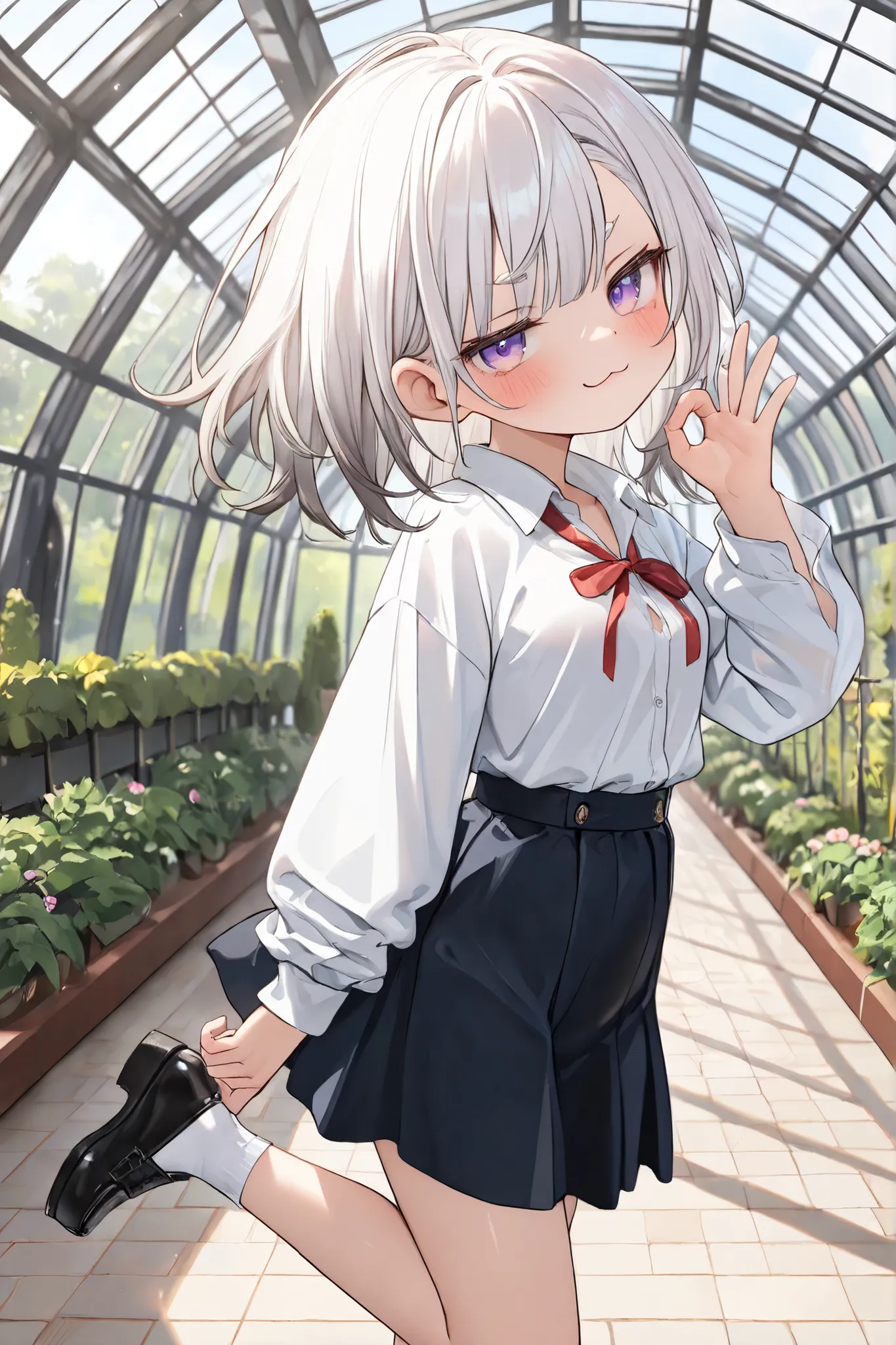 ((Masterpiece)), ((best quality, very aesthetic, absurdres, newest)), (from side, wide shot), (8K), (cinematic lighting), ((1girl)), (cute young girl), (Healthy body, Textured skin, small breast, tilt head), Glossy hair, (Asymmetrical bangs, long side bang...
