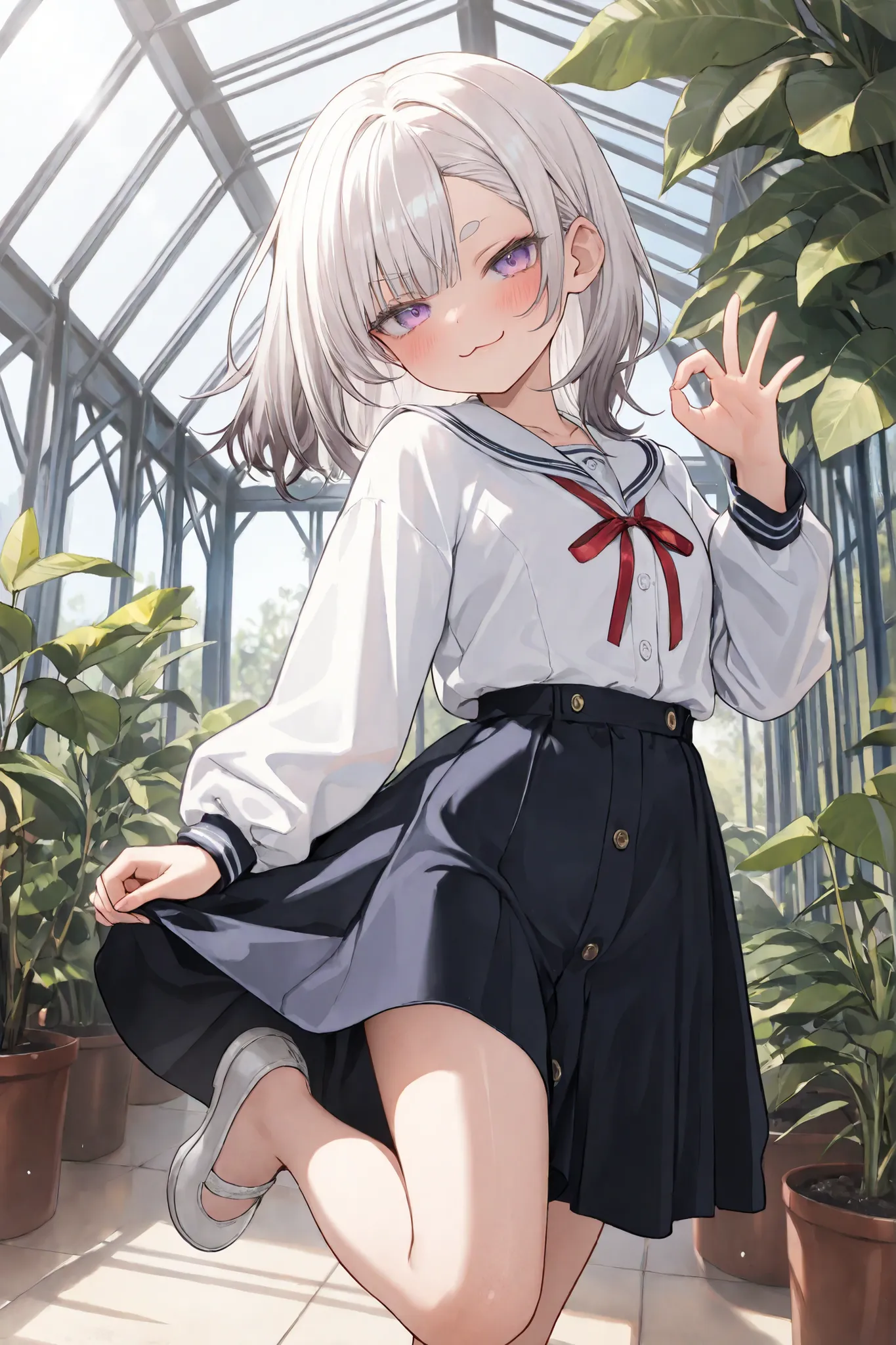 ((Masterpiece)), ((best quality, very aesthetic, absurdres, newest)), (from side, wide shot), (8K), (cinematic lighting), ((1girl)), (cute young girl), (Healthy body, Textured skin, small breast, tilt head), Glossy hair, (Asymmetrical bangs, long side bang...