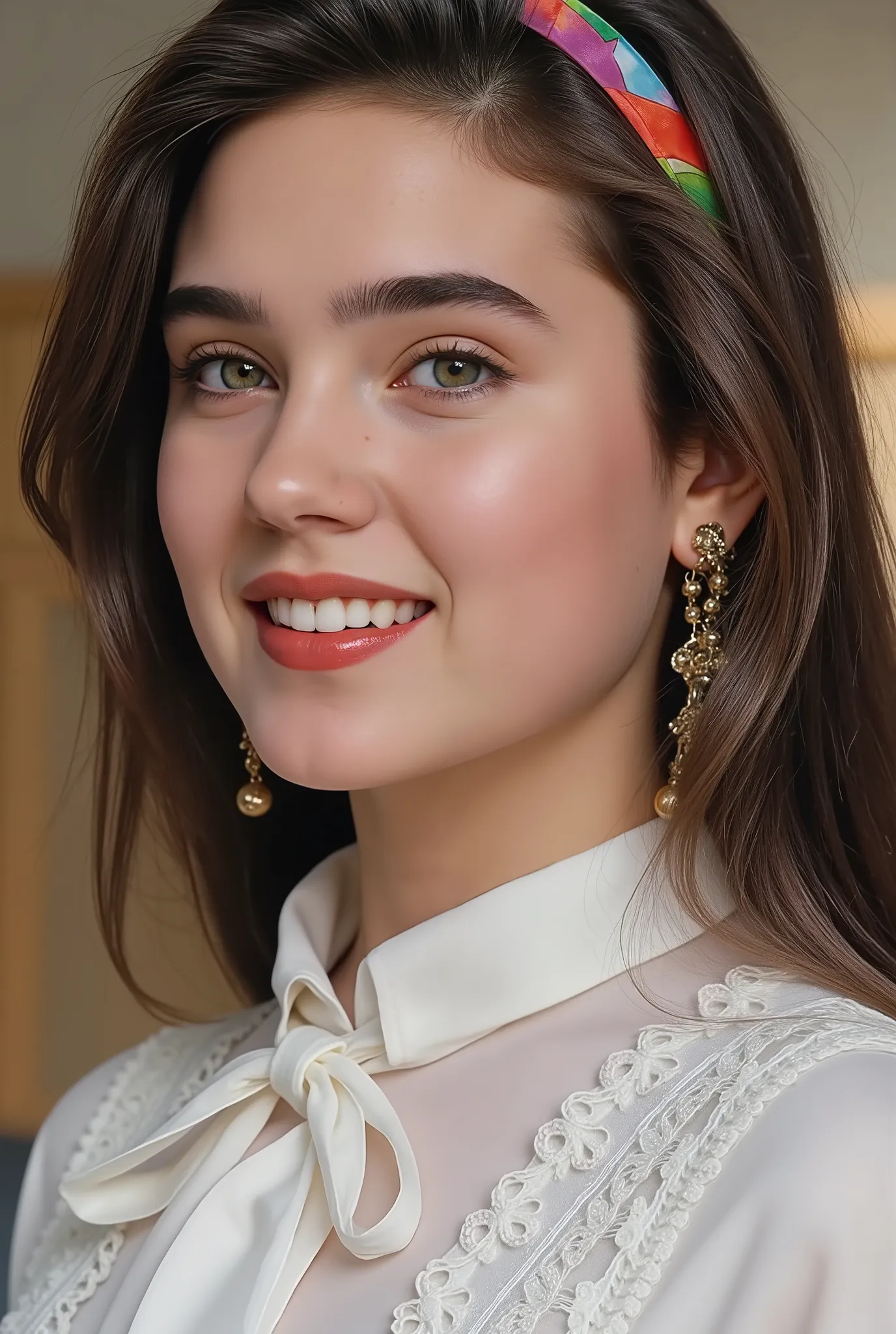 (masterpiece, top quality:1.2), European Beautiful Girl, Jennifer Connelly, photo taken right next to her、Wide-angle photography, upper body picture, pretty profile、cute plump cheeks、Adorable small mouth、 adorable smile、Forehead shines with sweat、white ...