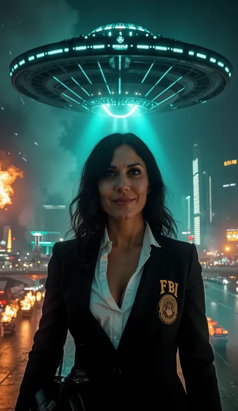 (low-angle perspective:1.6), (medium-shot:1.8), fearless FBI agent in black suit (voluptuous cleavage, white V-neck blouse), official FBI logo patch on the left chest, gripping an iPhone 15 Pro Max and tactical flashlight, the flashlight is on,intense eye ...