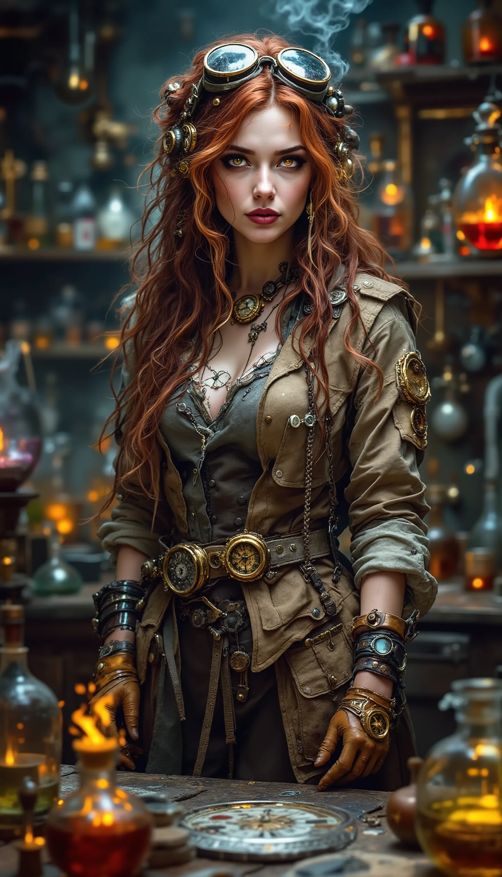 The Time-Traveling Alchemist: A brilliant and resourceful scholar with long, dark auburn hair, often styled in a practical manner, adorned with goggles, clockwork devices, and alchemical vials, and her presence exudes knowledge and intelligence, and her mo...