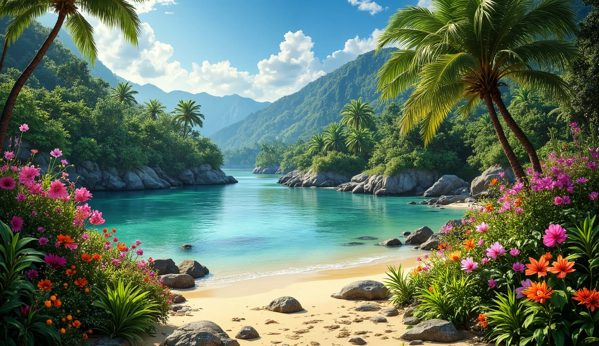 spring island, tropical plants and flowers, clear waters, warm sand, detailed tropical paradise, lush foliage, exotic blooms, crystal clear lagoon, golden sandy beach, swaying palm trees, vivid colors, stunning natural beauty, masterpiece, 8K, ultra-detail...