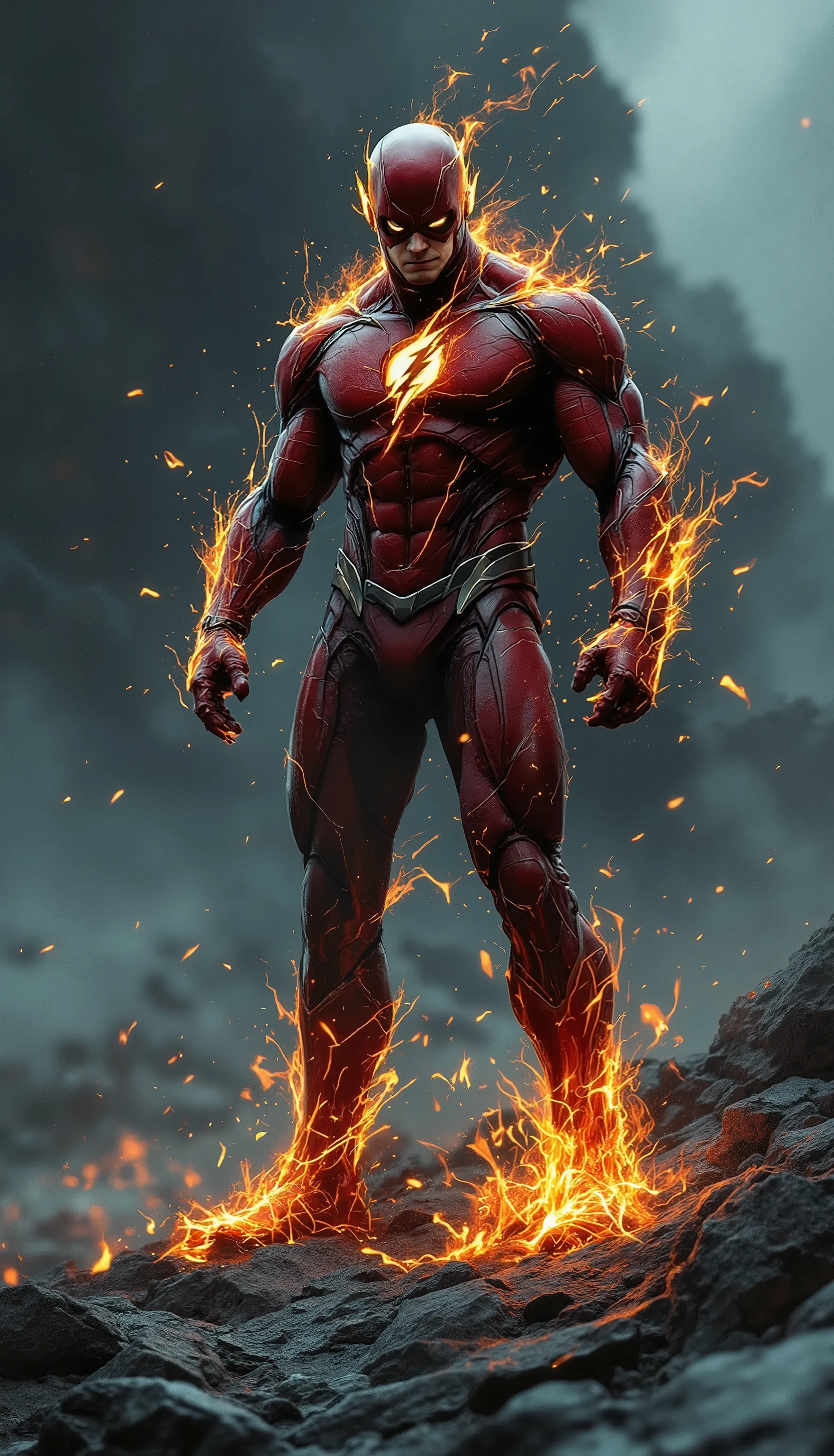 Envision a fully body portrait of a flash comic super hero rising from the ashes, standing on rocky ground villain, stern look, burning, sharp focus, intricate details, muted colors, looking at viewer, photography, realistic, emotionally profound, highly...