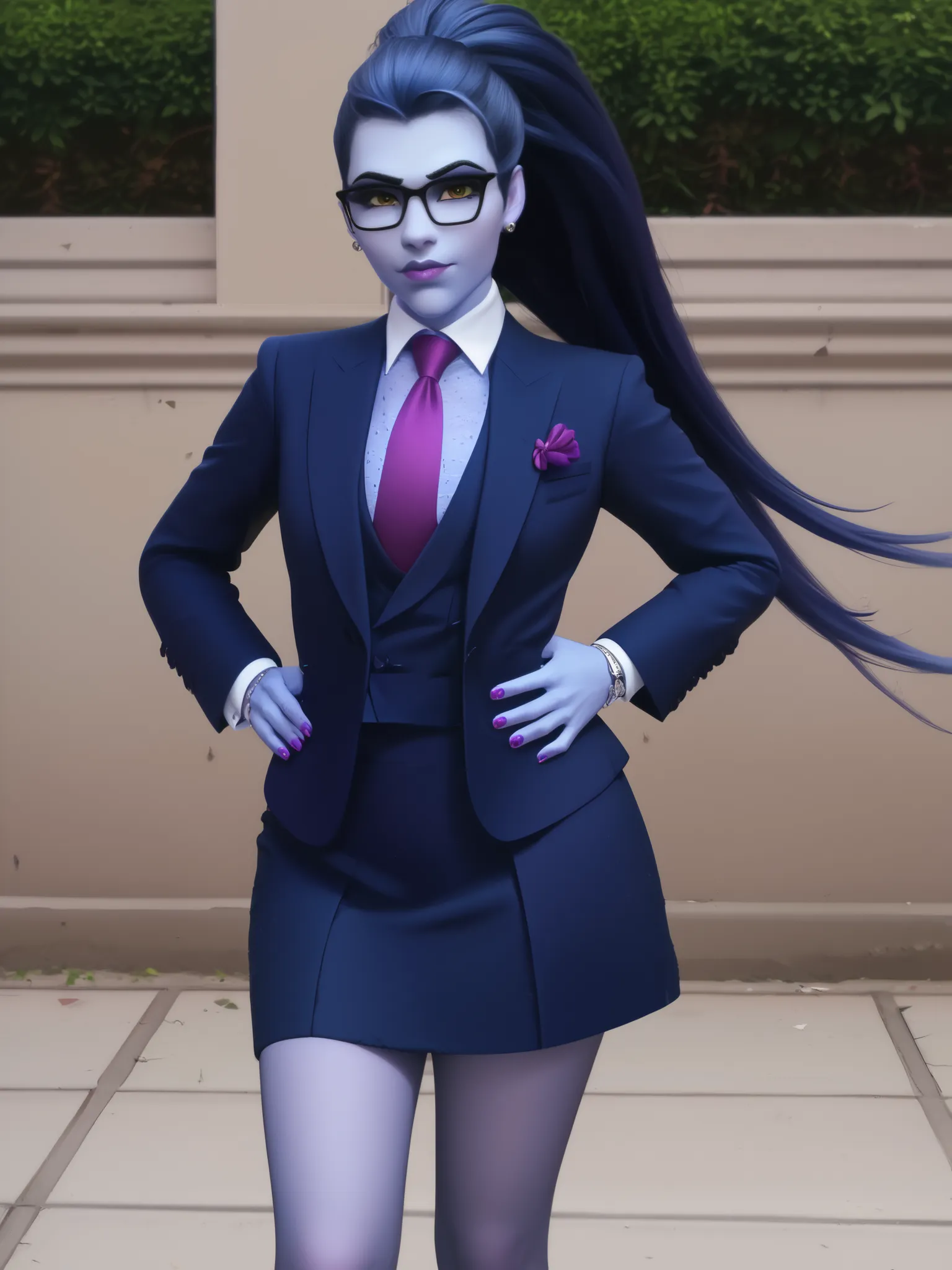 score_9, score_8_up, score_7_up, BREAK
 wdwmakr, owwidowmaker, (((colored skin))), (((blue skin))), head turned, (((glasses))), lipstick, long hair, ponytail, yellow eyes,,lips,1girl,solo,
 three-piece suit, formal, jewelry, dark grey suit, purple necktie,...