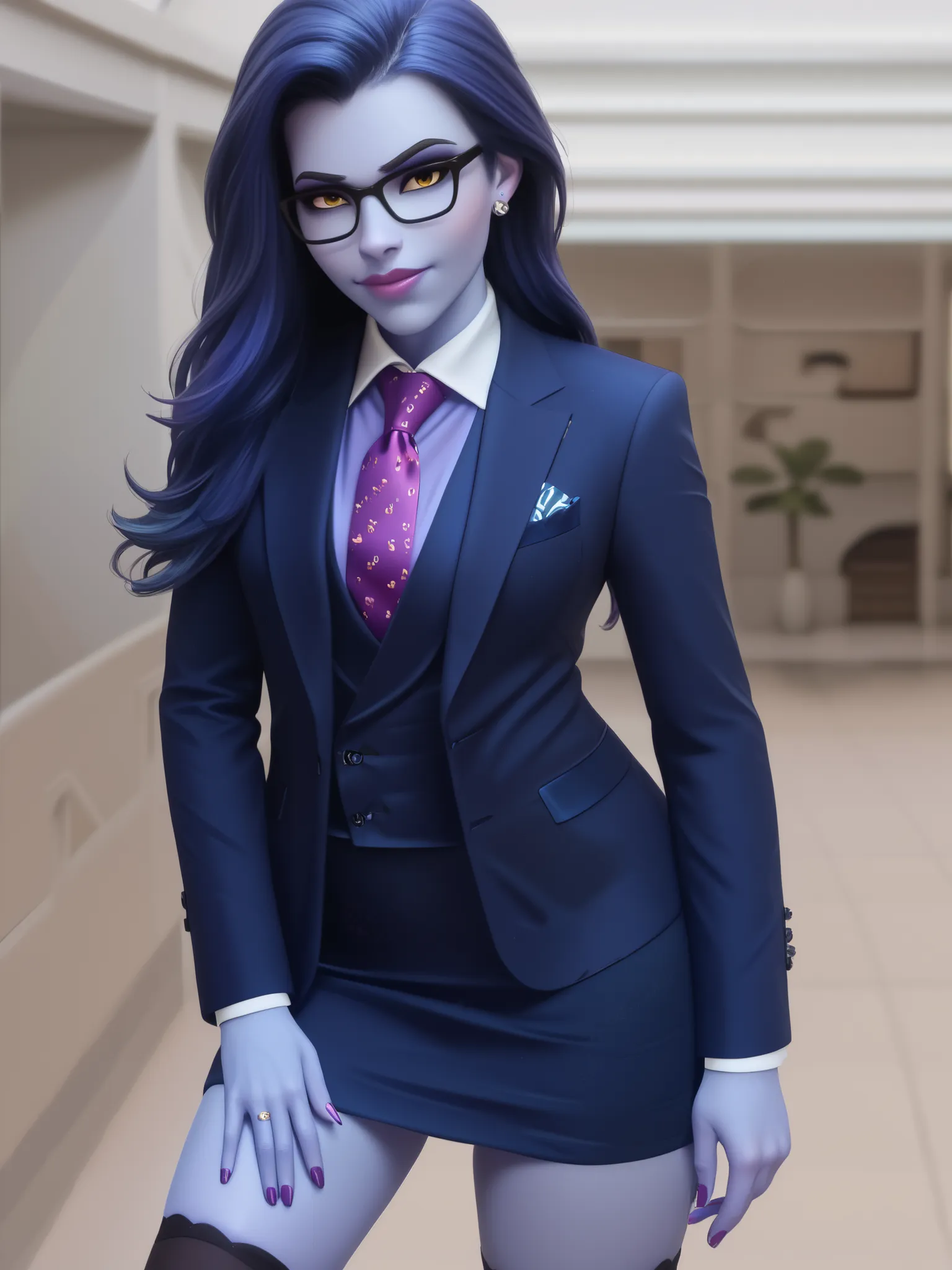 score_9, score_8_up, score_7_up, BREAK
 wdwmakr, owwidowmaker, (((colored skin))), (((blue skin))), head turned, (((glasses))), lipstick, long hair, ponytail, yellow eyes,,lips,1girl,solo,
 three-piece suit, formal, jewelry, dark grey suit, purple necktie,...