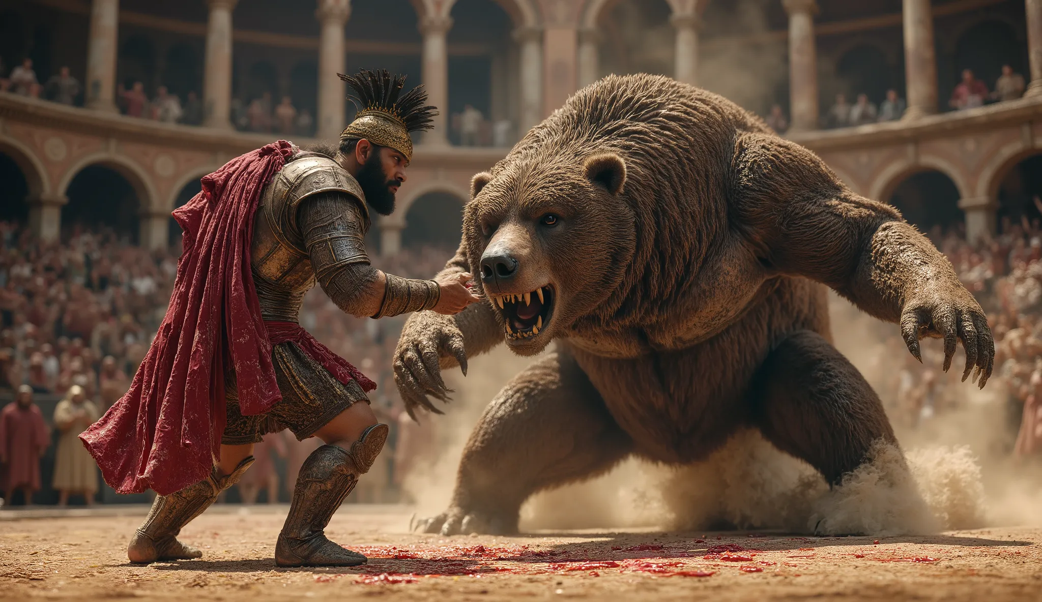 (best quality, 128k,highres,masterpiece:1.2),ultra-detailed,(realistic,photorealistic,photo-realistic:1.37), ((masterpiece)) ((photography)) ((Highest quality)) Ultra-detailed realistic scene of a bearded gladiator battling a colossal bear in an ancient Ro...