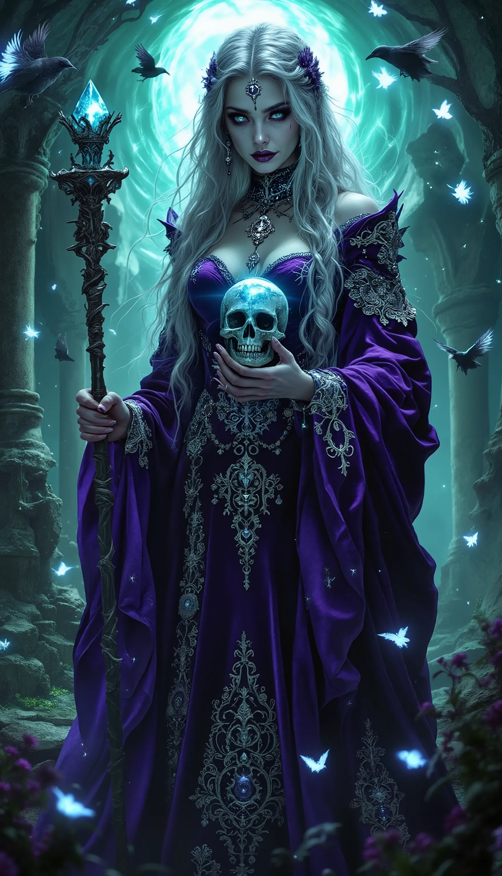 An ultra-realistic, full-body static depiction of an arcane sorceress woman, exuding an aura of profound mystery with a melancholic and gothic palette. She wears a voluminous, violet velvet gown, richly embellished with silver filigree and arcane symbols t...