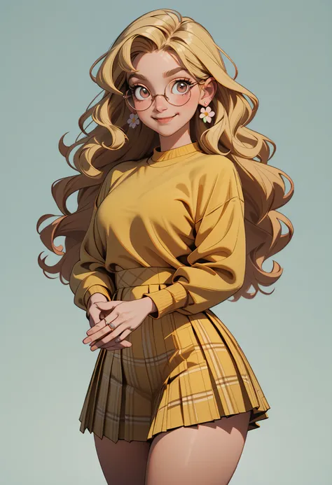 th3t4styl3,1girl, jewelry, solo, skirt, glasses, blonde hair, long hair, earrings, smile, ring, looking at viewer, plaid, shirt, round eyewear, yellow shirt, simple background, long sleeves, wavy hair, flower earrings, plaid skirt, blush, cowboy shot, clos...