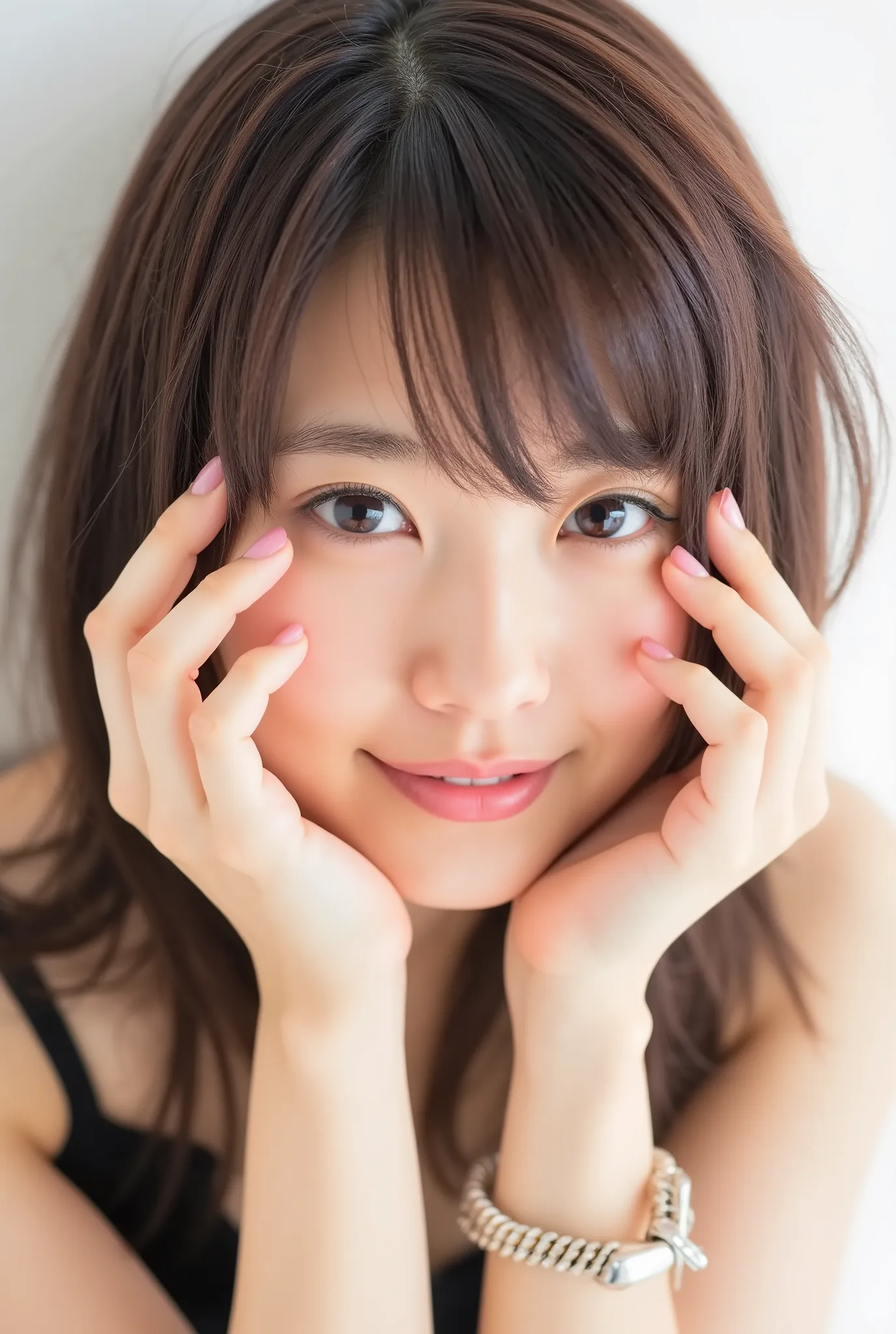 extreme close-up portrait of a beautiful 20-year-old Japanese woman, ultra photo-realistic, extremely detailed skin texture with subtle pores and natural peach fuzz, cinematic soft lighting, face taking up 95% of the frame, shy smile overflowing with affec...